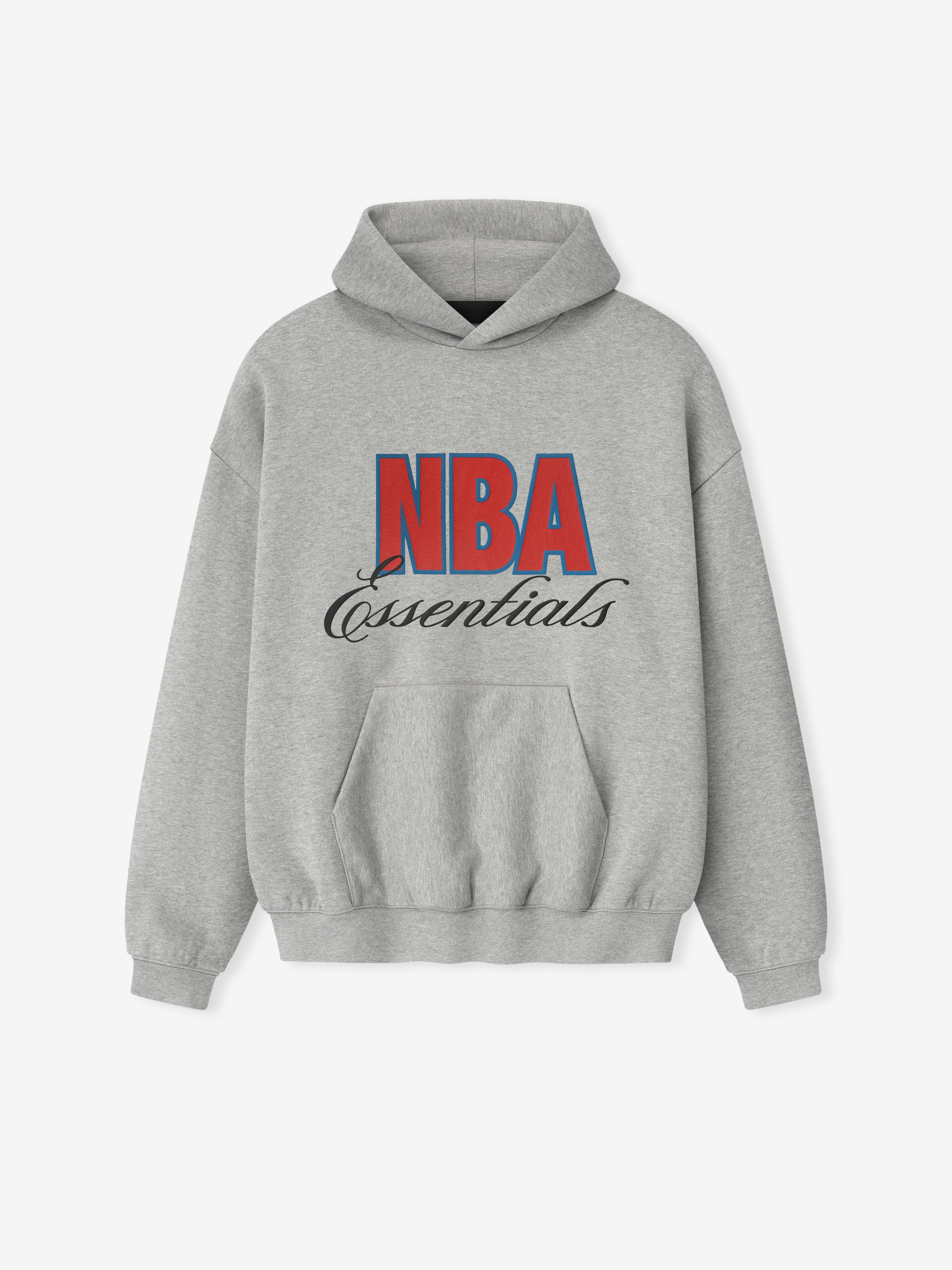 Concrete heather NBA 90s Hoodie front view with bold red and blue NBA text and black Essentials script above kangaroo pocket