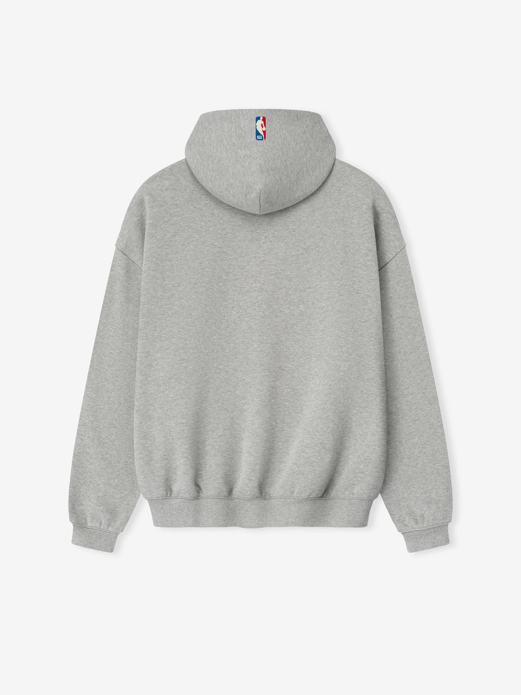 Back view of concrete heather NBA 90s Hoodie showing plain design with small NBA logo centered on hood