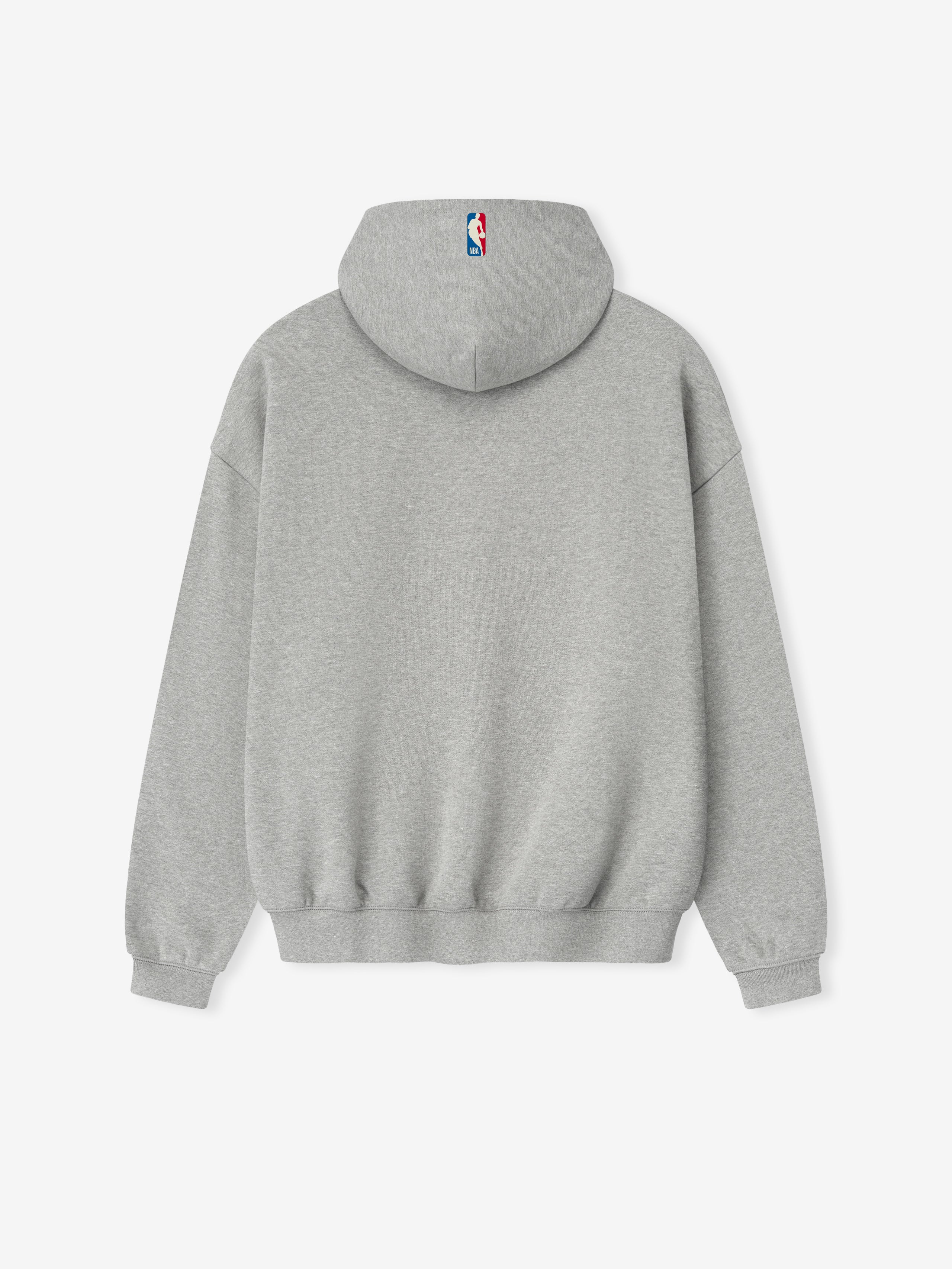 Back view of concrete heather NBA 90s Hoodie showing plain design with small NBA logo centered on hood