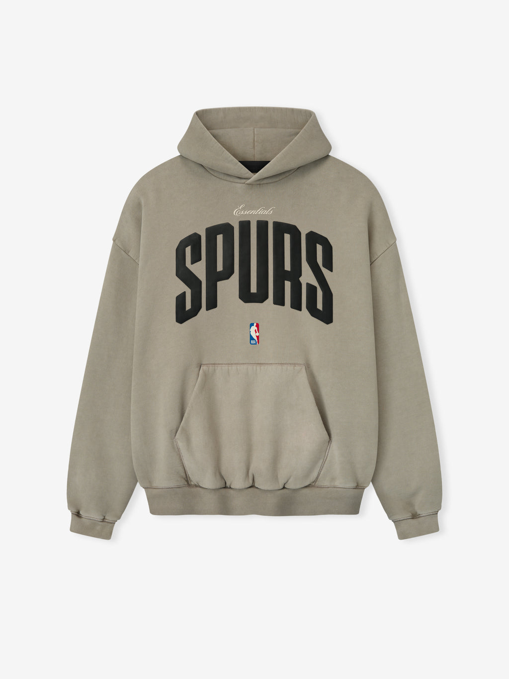 Front view of muted seal color Spurs 90s Hoodie with black arched lettering and NBA logo, gallery image 0