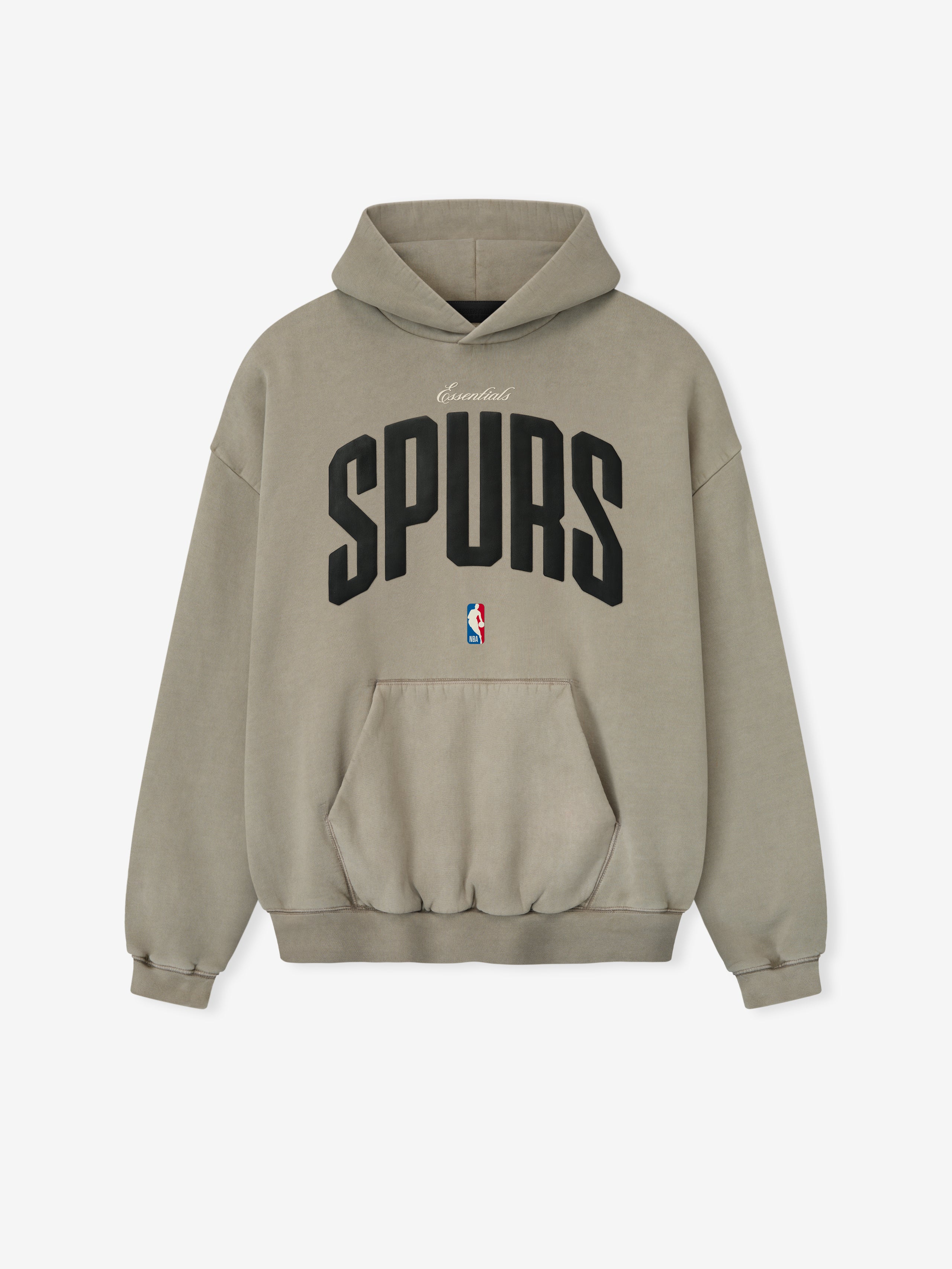 Front view of muted seal color Spurs 90s Hoodie with black arched lettering and NBA logo, gallery image 0
