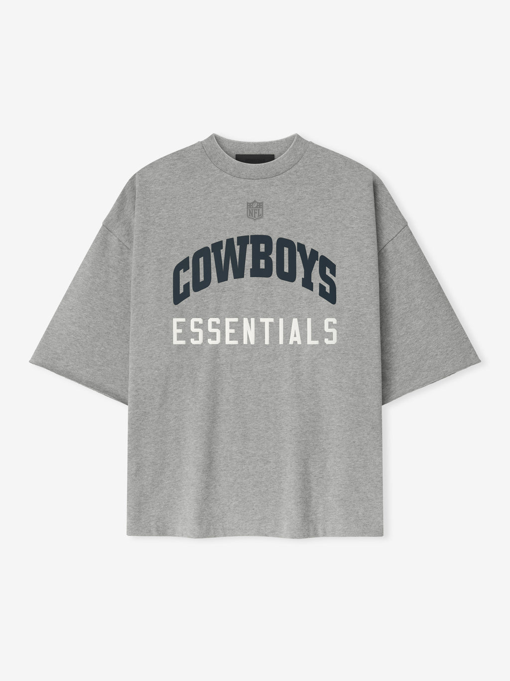 Front view of concrete heather Cowboys 90s 3/4 Sleeve Football Tee with bold navy Cowboys text and white Essentials below chest