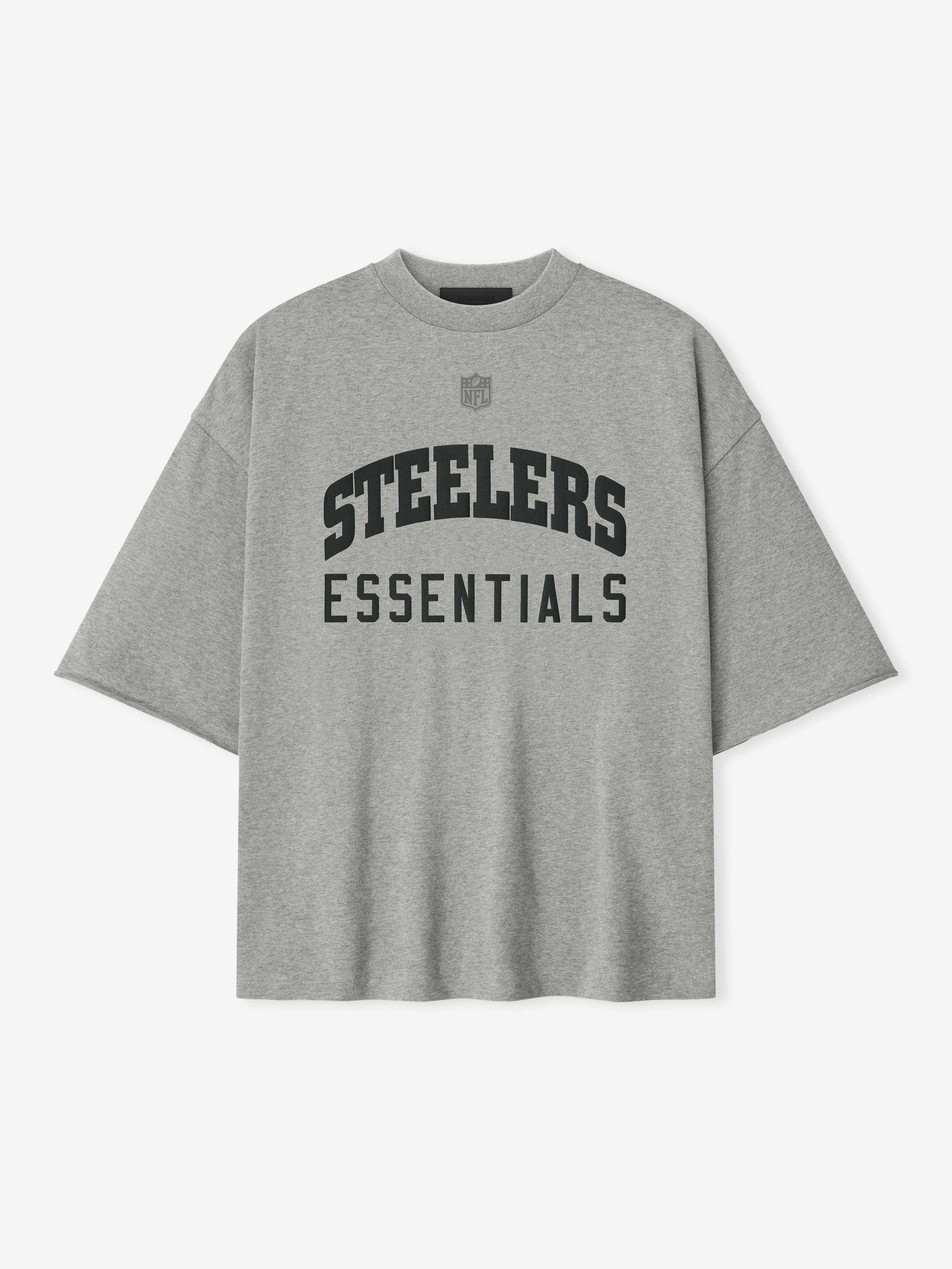 Front view of concrete heather Steelers 90s 3/4 Sleeve Football Tee with black Steelers text and Essentials below center chest