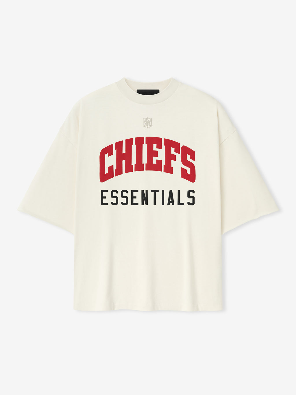 Front view of cream white Chiefs 90s 3/4 Sleeve Football Tee with bold red Chiefs text and black Essentials below center chest