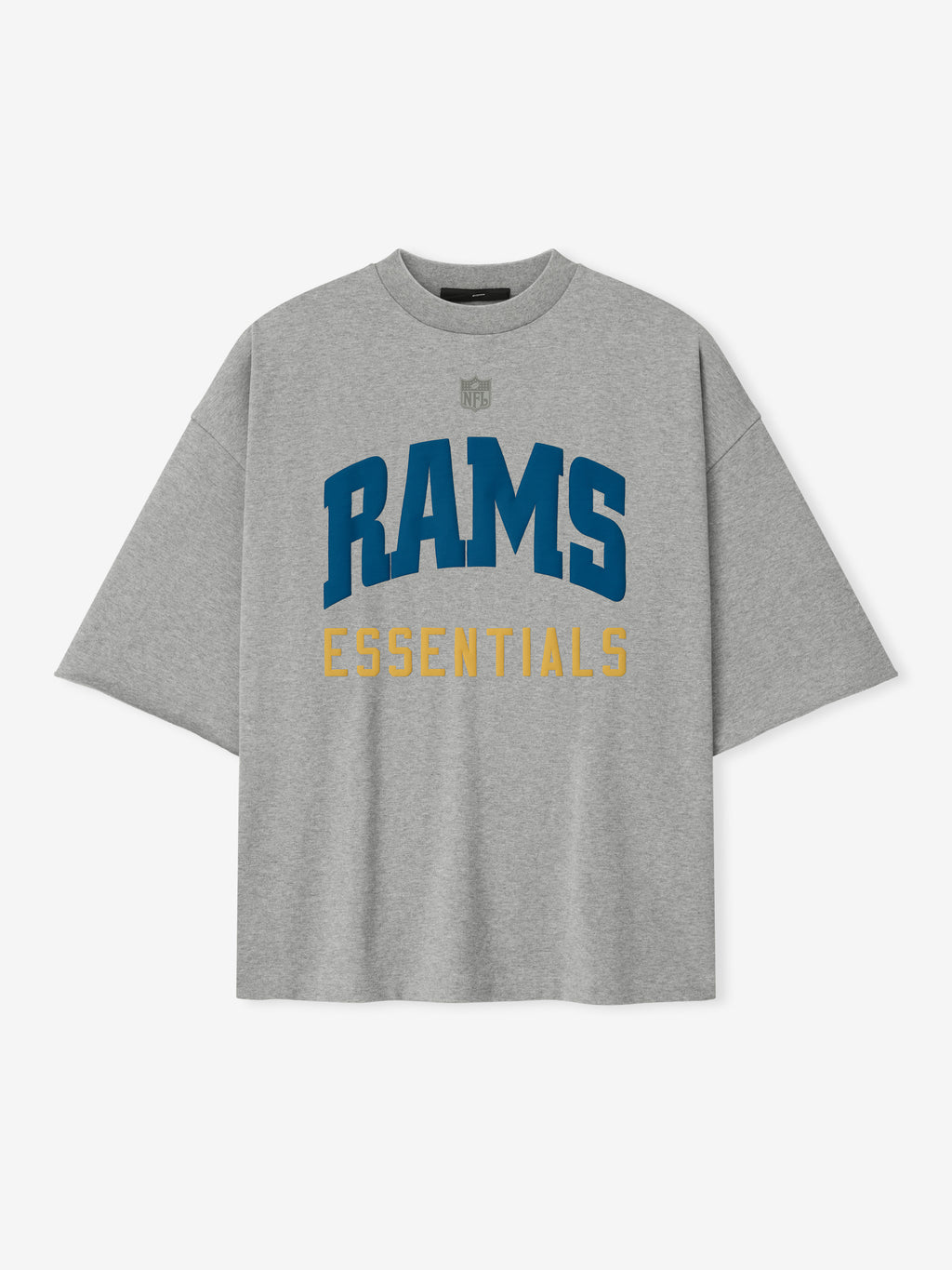 Front view of concrete heather Rams 90s 3/4 Sleeve Football Tee with blue Rams text and gold Essentials below center chest