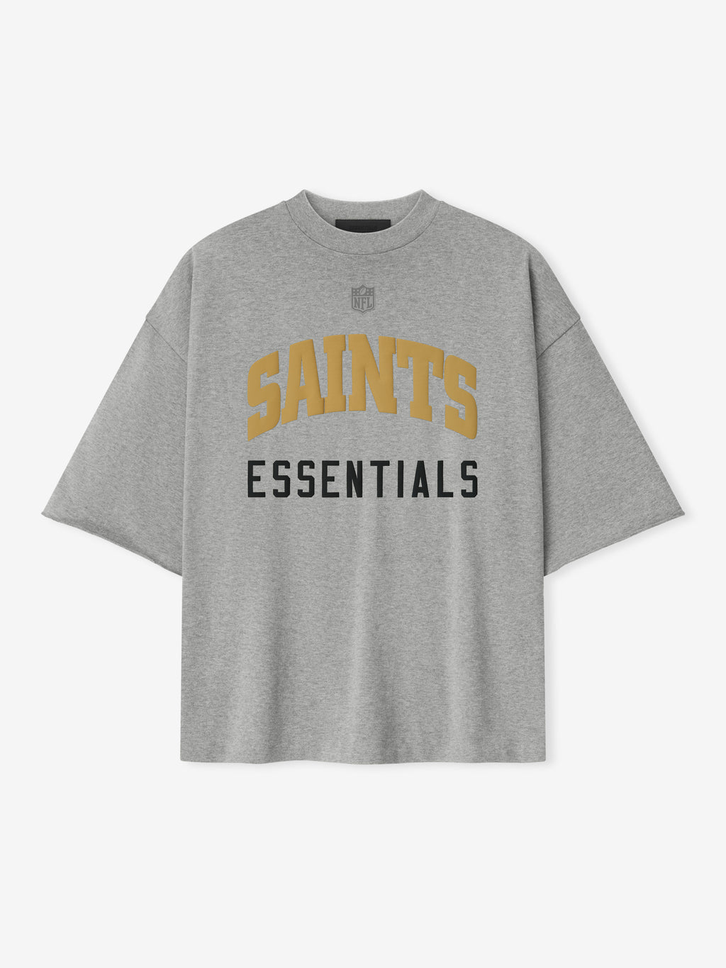 Front view of concrete heather Saints 90s 3/4 Sleeve Football Tee with gold Saints text and black Essentials below center chest