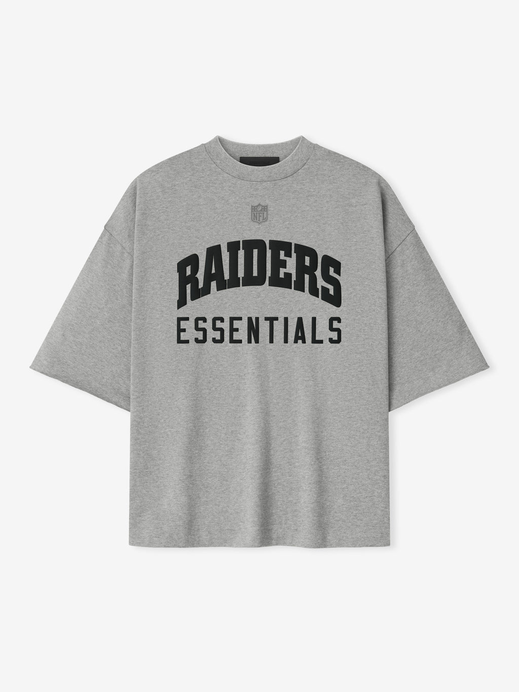 Front view of concrete heather Raiders 90s 3/4 Sleeve Football Tee with bold black Raiders Essentials text on chest