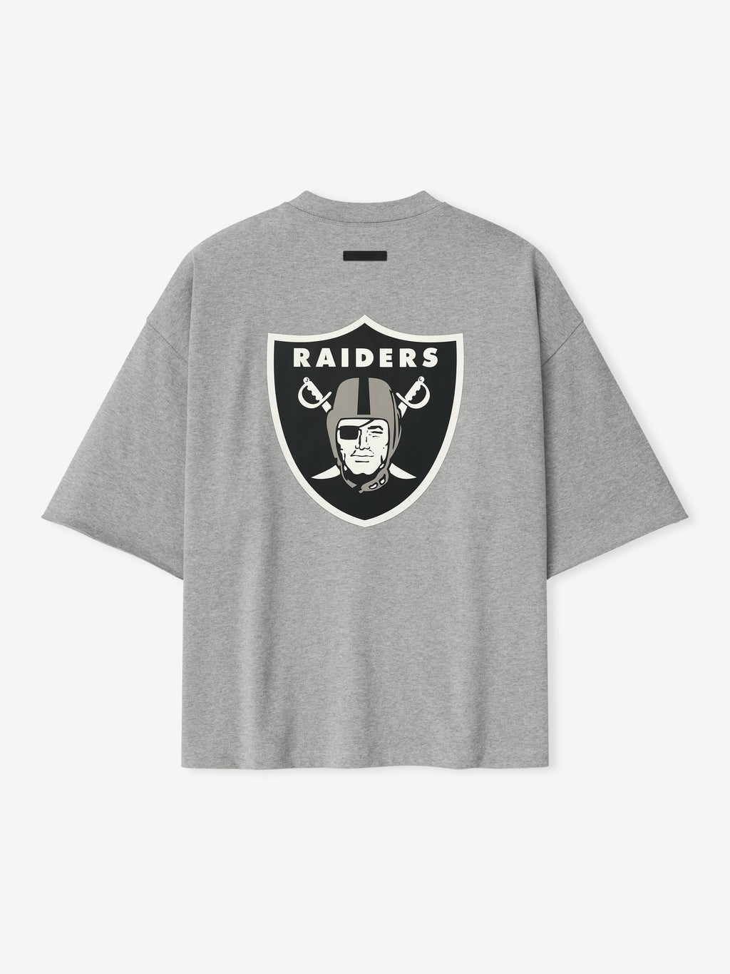 Back view of concrete heather Raiders 90s 3/4 Sleeve Football Tee showing large classic black and white Raiders shield logo centered
