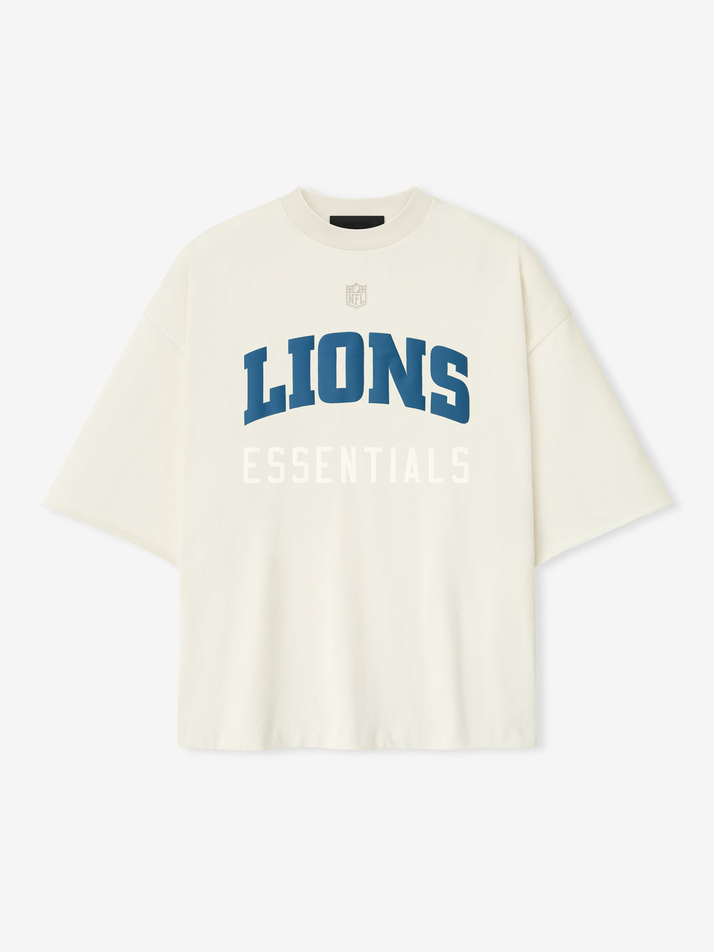 Front view of cream white Lions 90s 3/4 Sleeve Football Tee showing large blue Lions text and white Essentials below