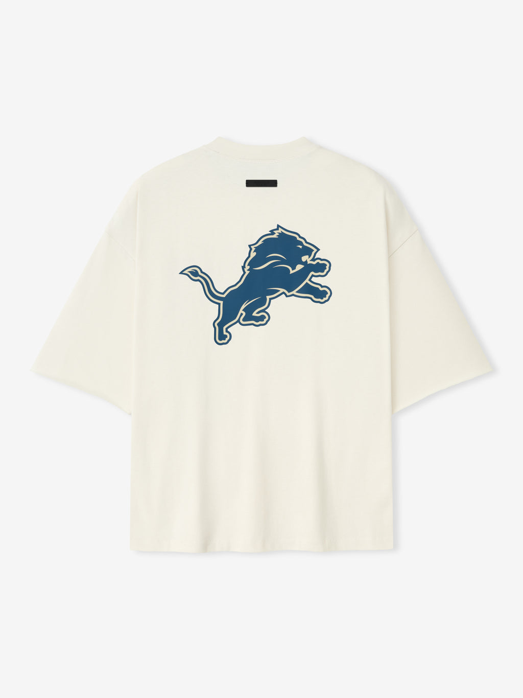 Back view of cream white Lions 90s 3/4 Sleeve Football Tee featuring large blue leaping lion graphic centered