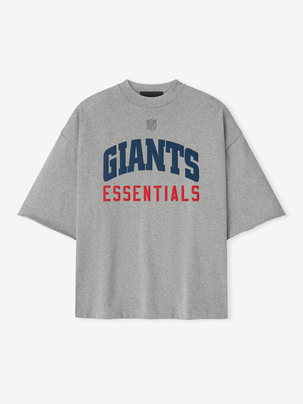 Front view of concrete heather Giants 90s 3/4 Sleeve Football Tee with navy Giants and red Essentials text centered