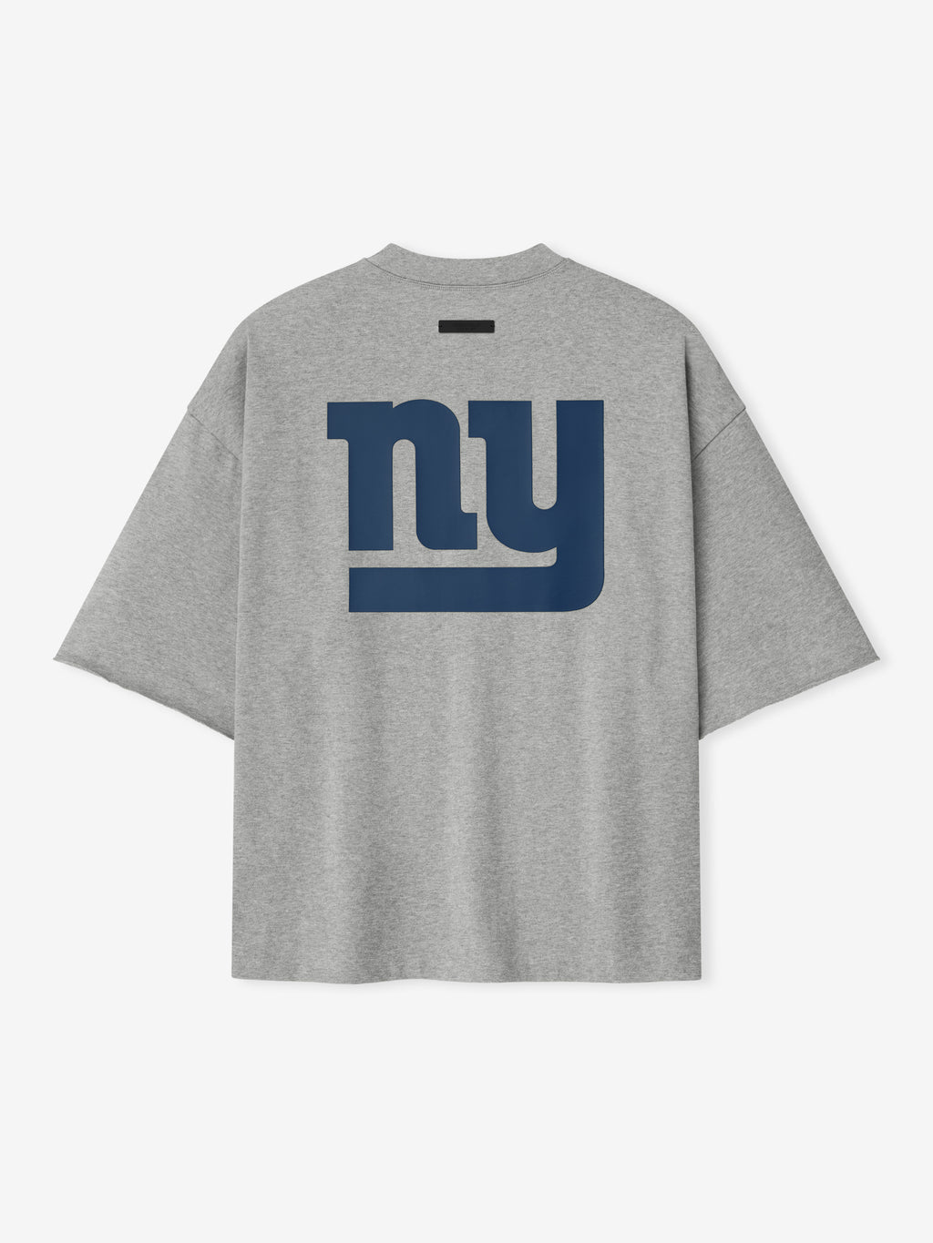 Back view of concrete heather Giants 90s 3/4 Sleeve Football Tee with large navy NY logo centered on upper back
