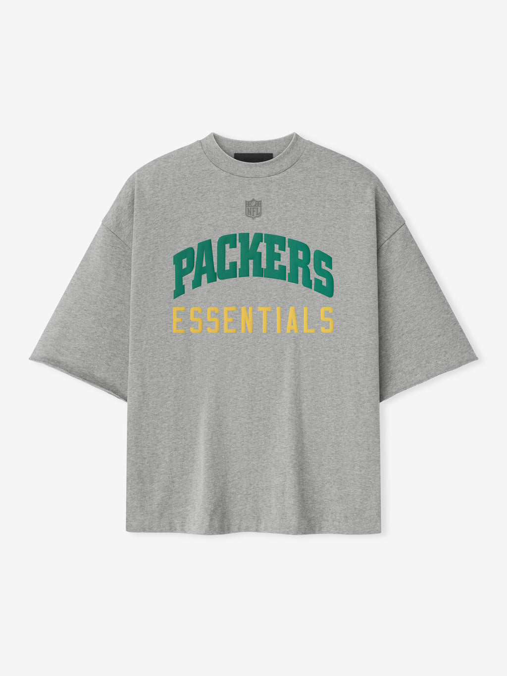 Front view of concrete heather Packers 90s 3/4 Sleeve Football Tee with green Packers and yellow Essentials text centered