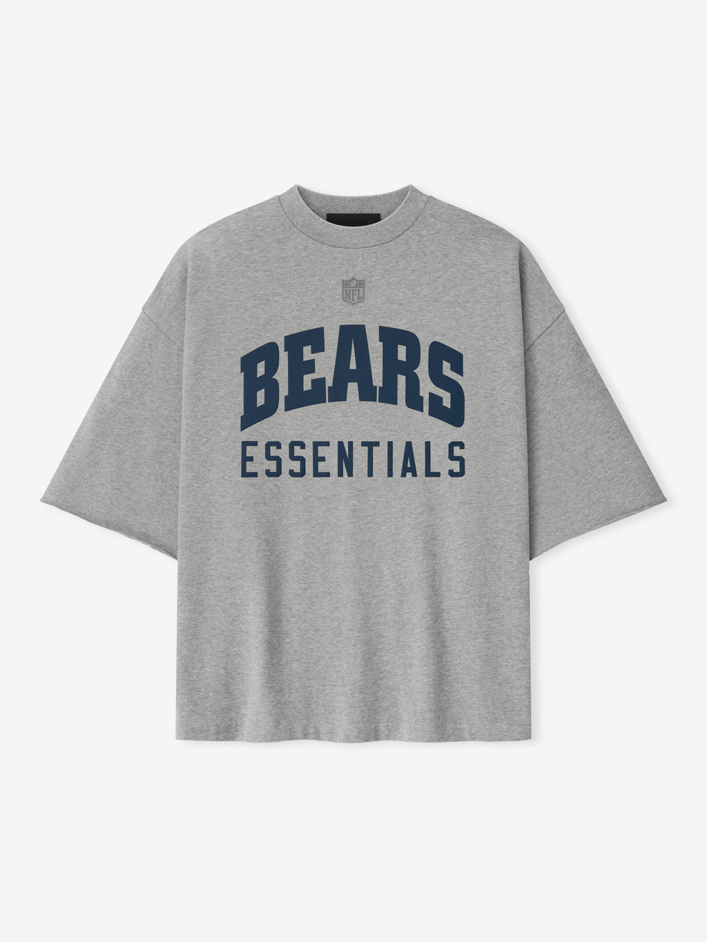 Front view of concrete heather Bears 90s 3/4 Sleeve Football Tee with navy Bears and Essentials text centered