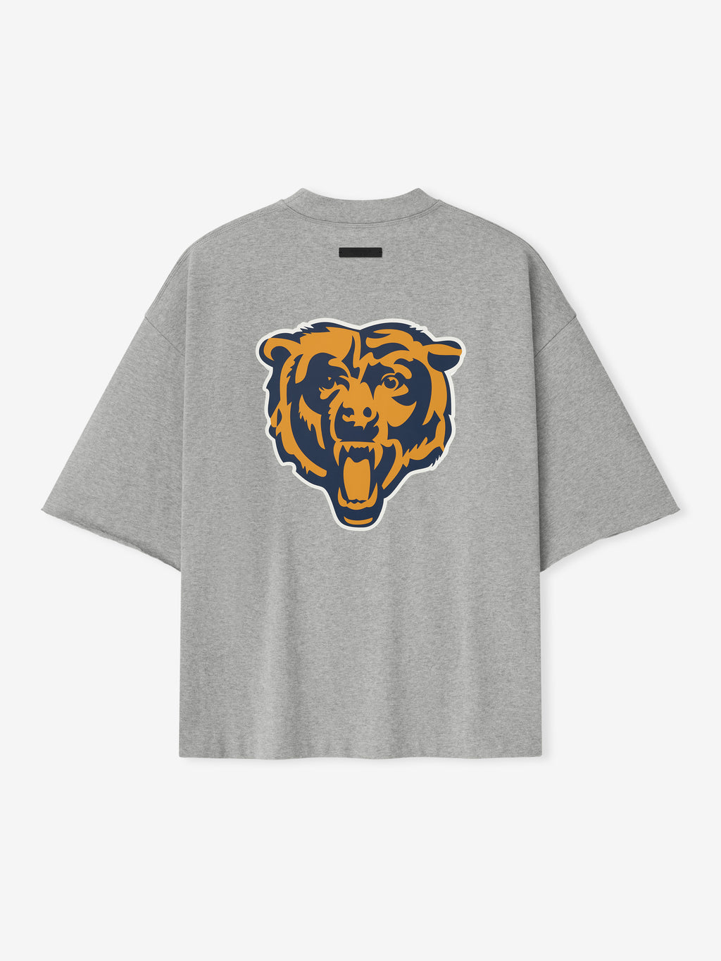 Back view of concrete heather Bears 90s 3/4 Sleeve Football Tee featuring large orange and navy roaring bear head graphic centered