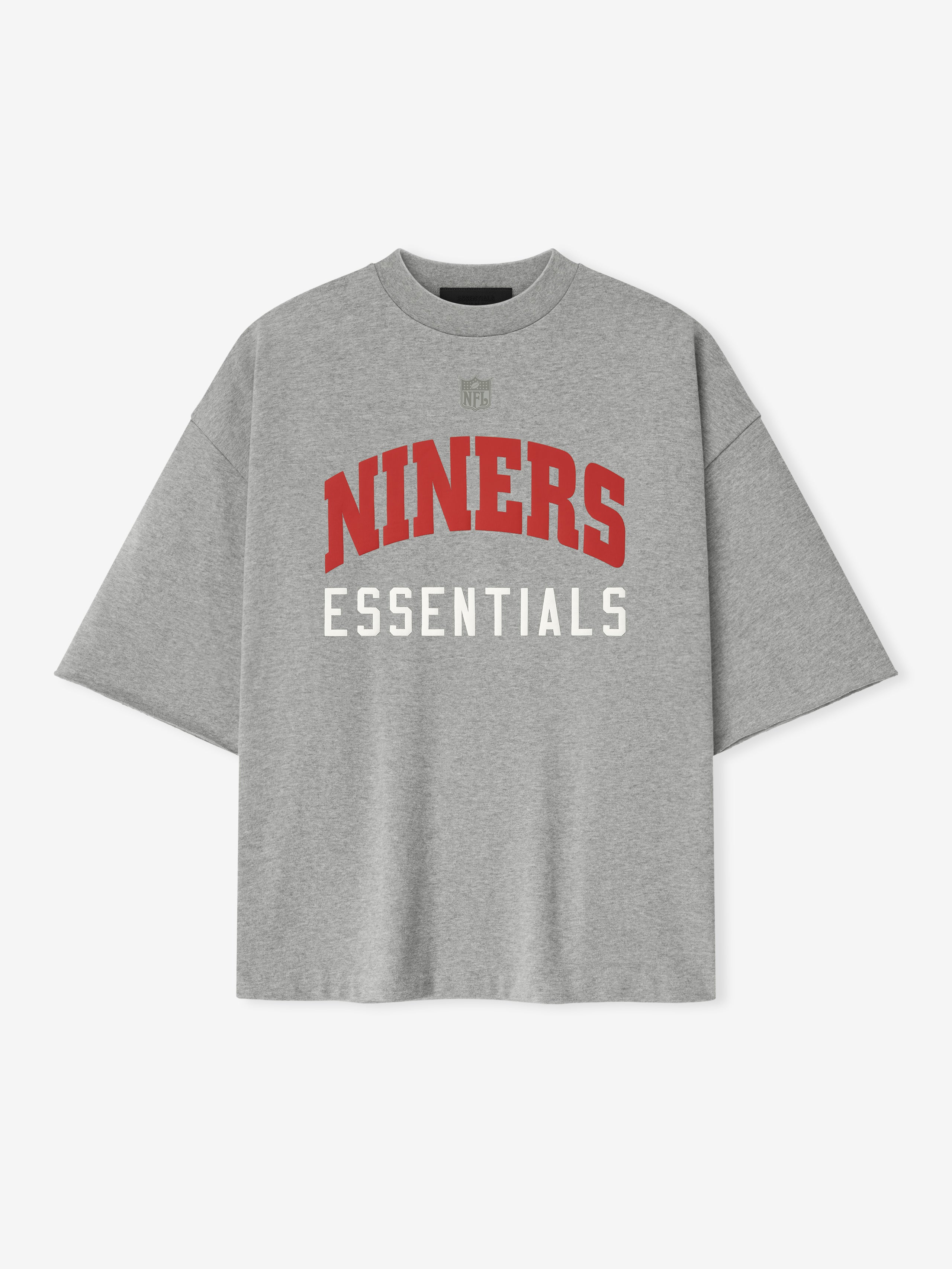 Front view of concrete heather Forty Niners 90s 3/4 Sleeve Football Tee with red NINERS and white Essentials text centered