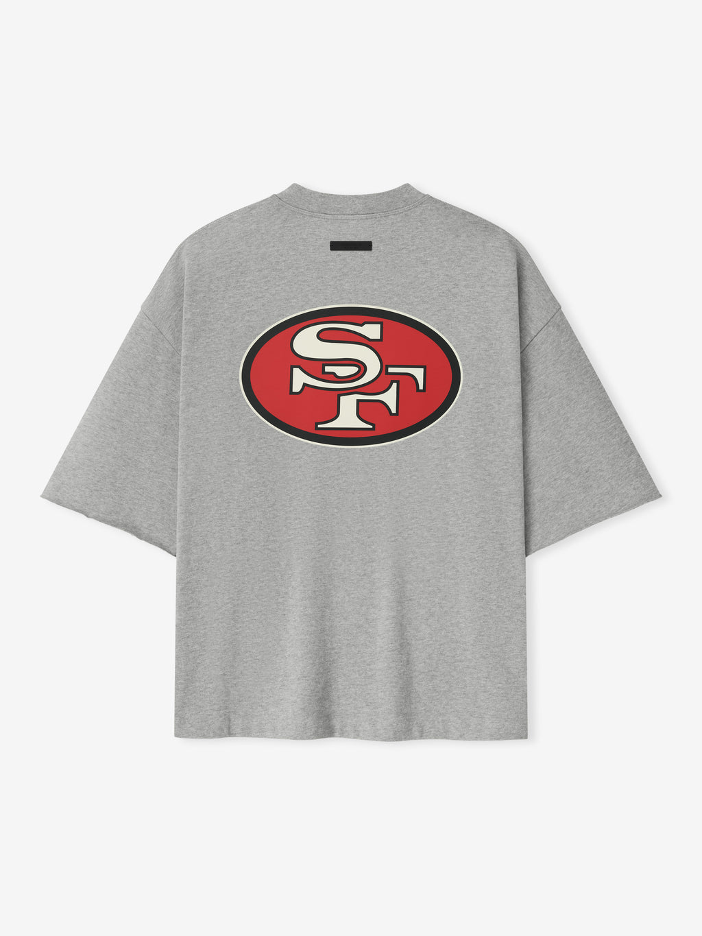 Rear view of concrete heather Forty Niners 90s 3/4 Sleeve Football Tee with large vintage red and white SF logo centered