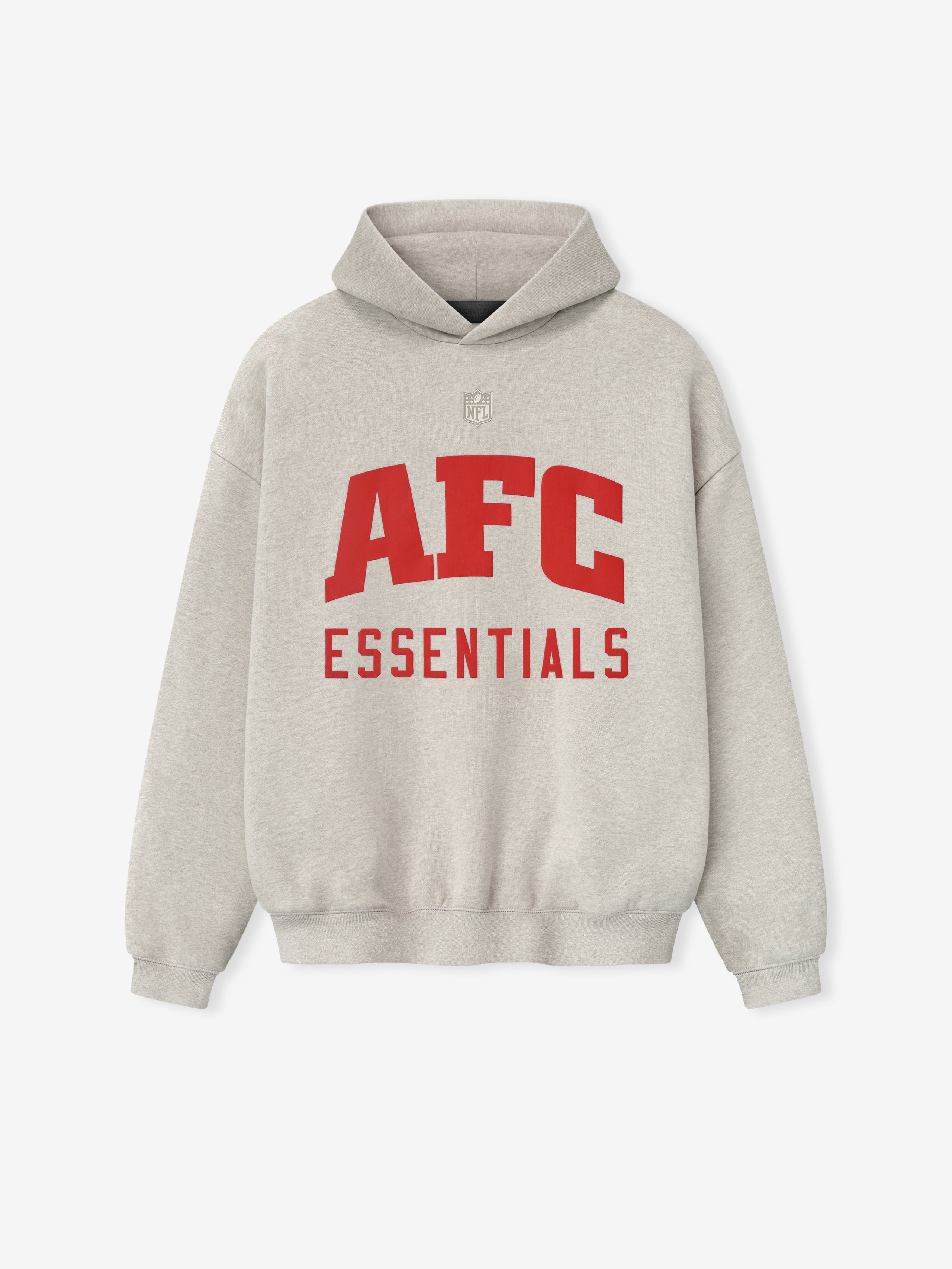 Front view of heather stone American Sport Hoodie with bold red AFC Essentials text and small NFL shield above chest