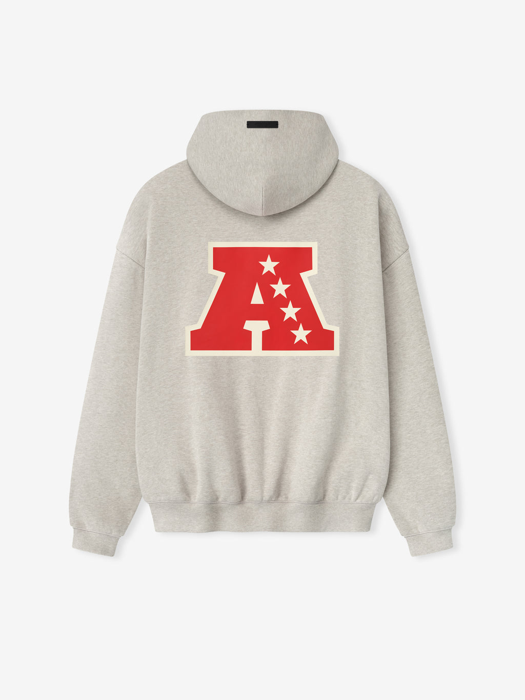 Back view of heather stone American Sport Hoodie featuring bold red outlined A with five cream stars on the back panel