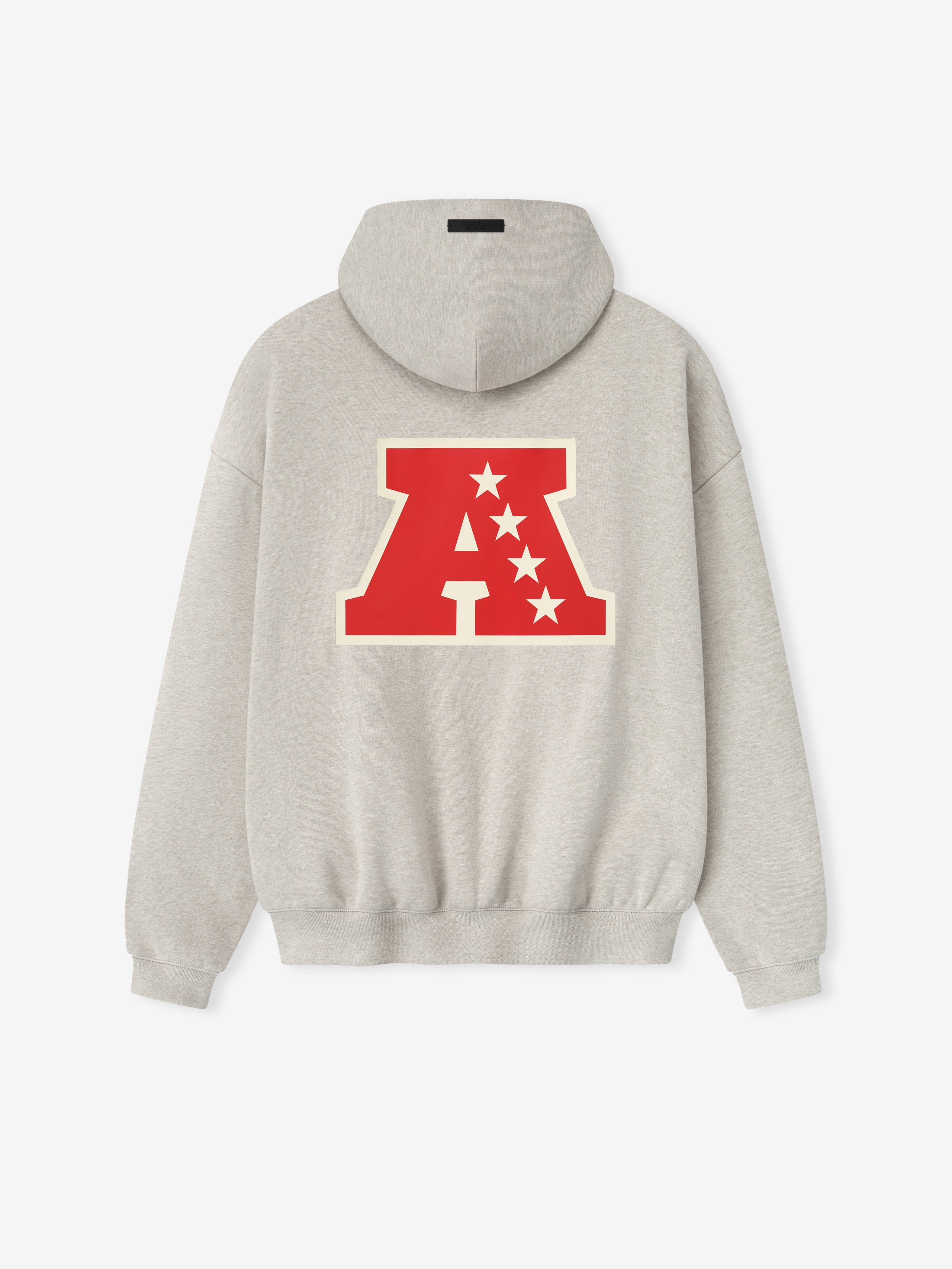 Back view of heather stone American Sport Hoodie featuring bold red outlined A with five cream stars on the back panel