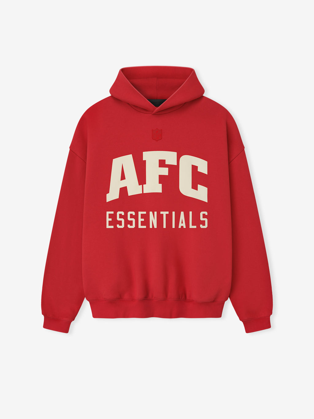 Front view of red American Sport Hoodie with bold cream AFC Essentials text and small embossed logo above the chest