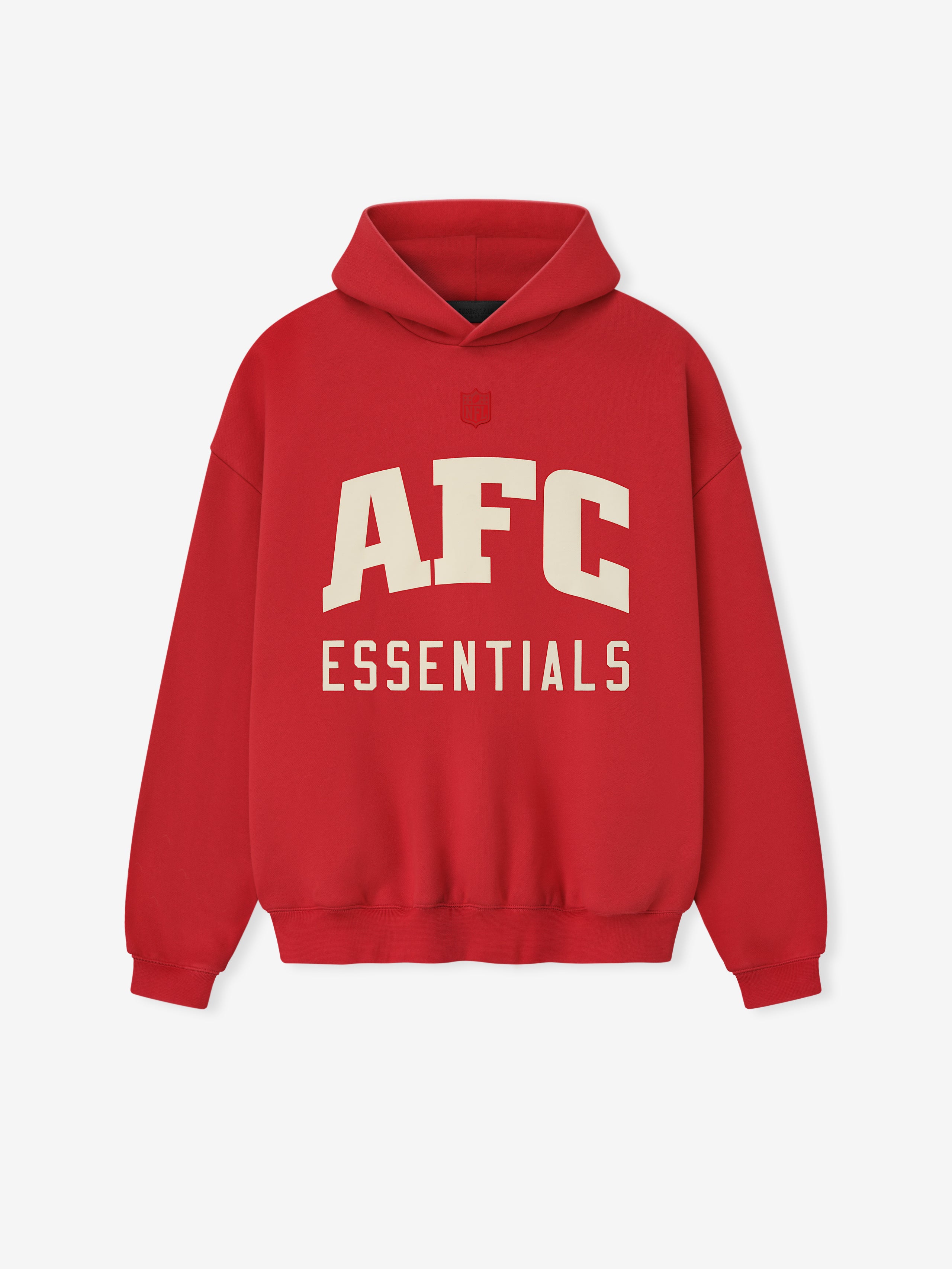 Front view of red American Sport Hoodie with bold cream AFC Essentials text and small embossed logo above the chest