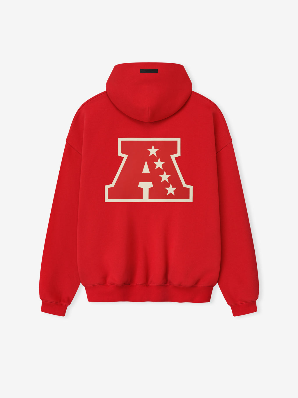 Back view of red American Sport Hoodie showing large outlined A with five cream stars on the back panel
