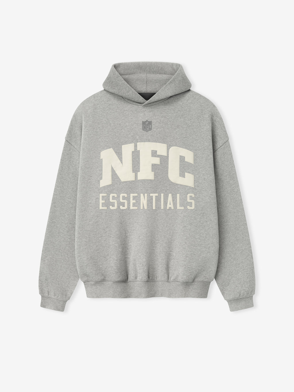 Front view of concrete heather National Sport Hoodie featuring large NFC Essentials text and small NFL shield above chest