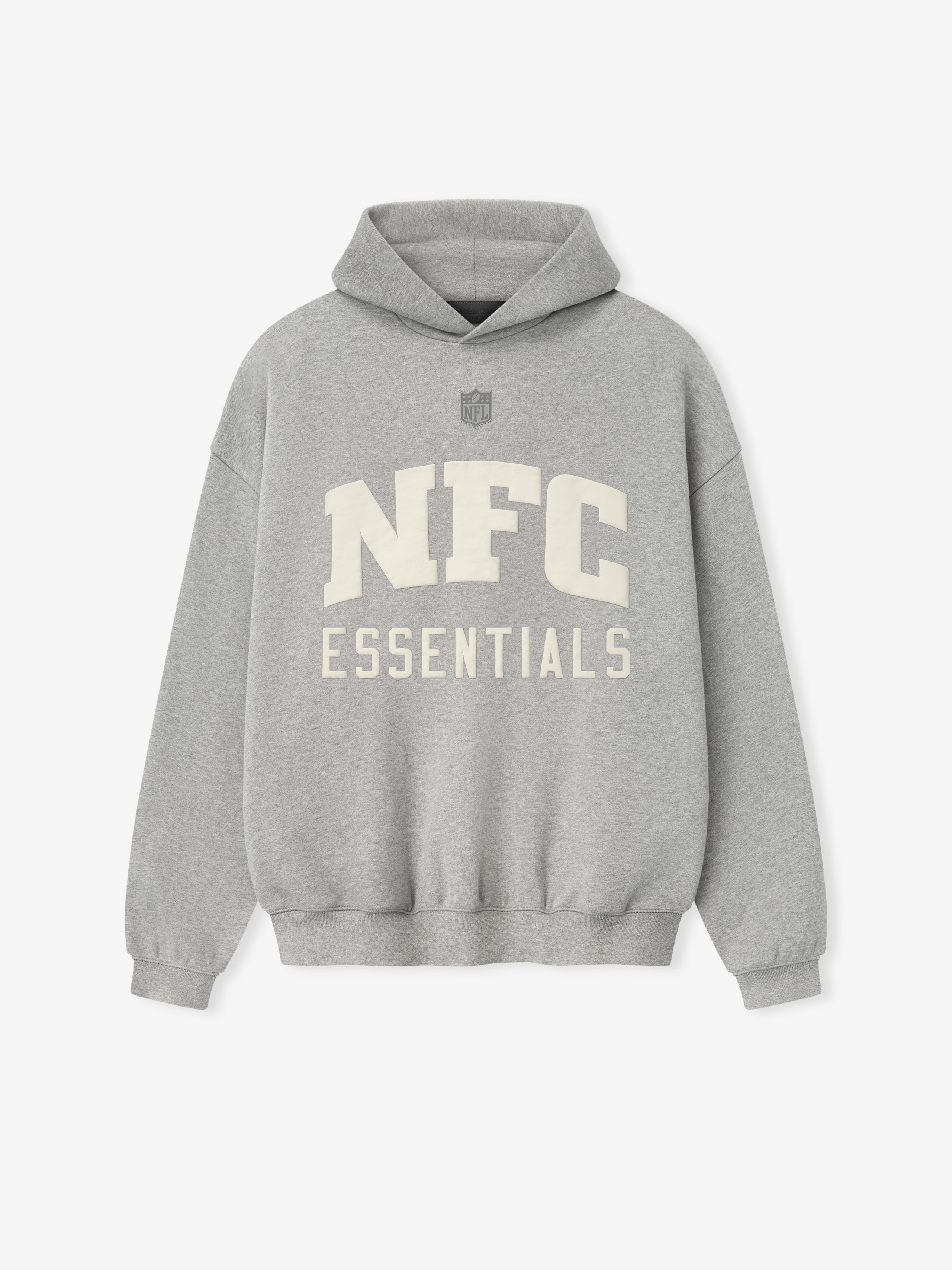 Front view of concrete heather National Sport Hoodie featuring large NFC Essentials text and small NFL shield above chest