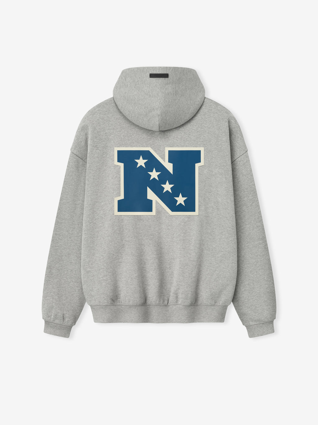 Back view of concrete heather National Sport Hoodie featuring large blue N with white stars on the back panel