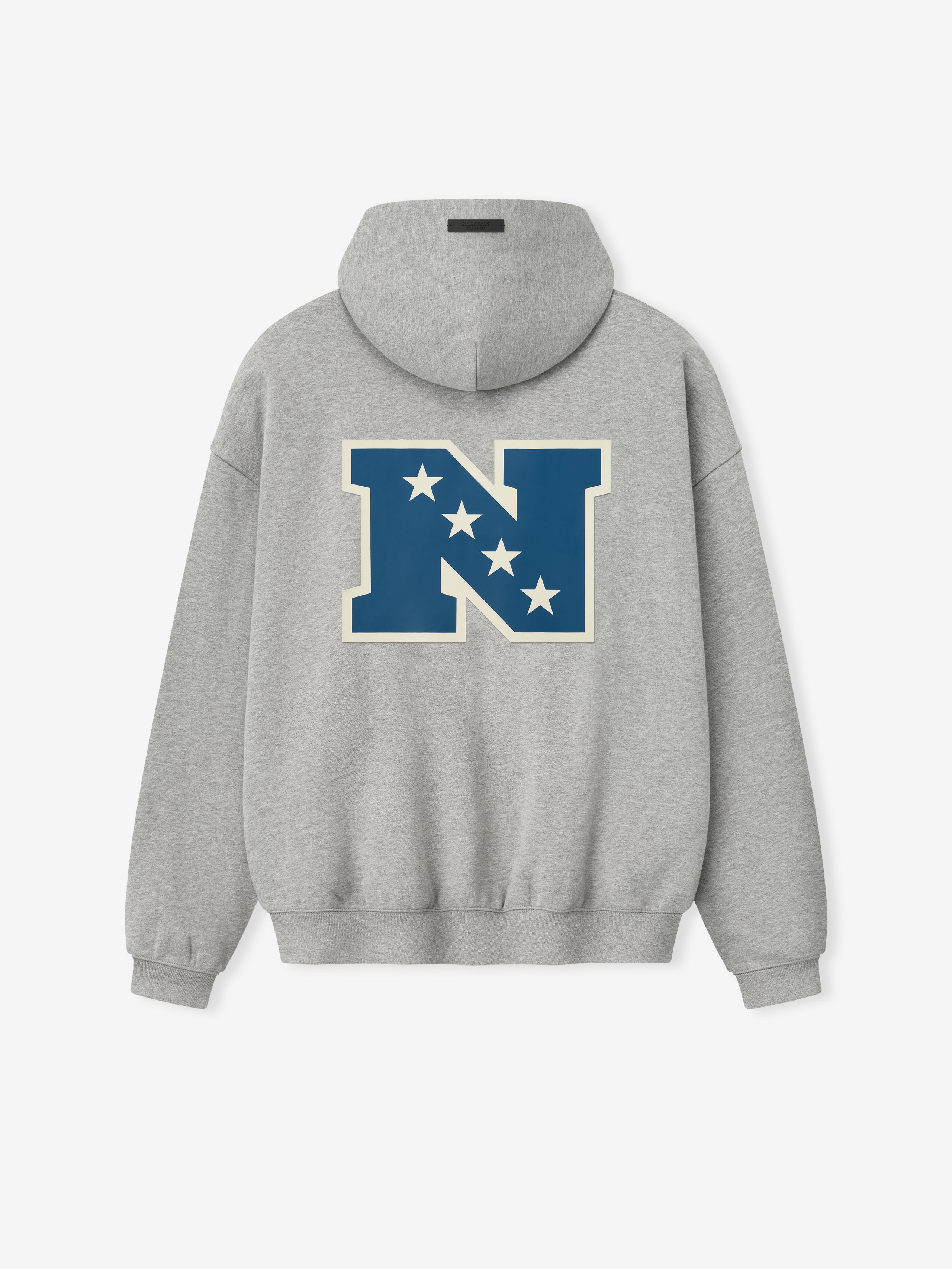 Back view of concrete heather National Sport Hoodie featuring large blue N with white stars on the back panel