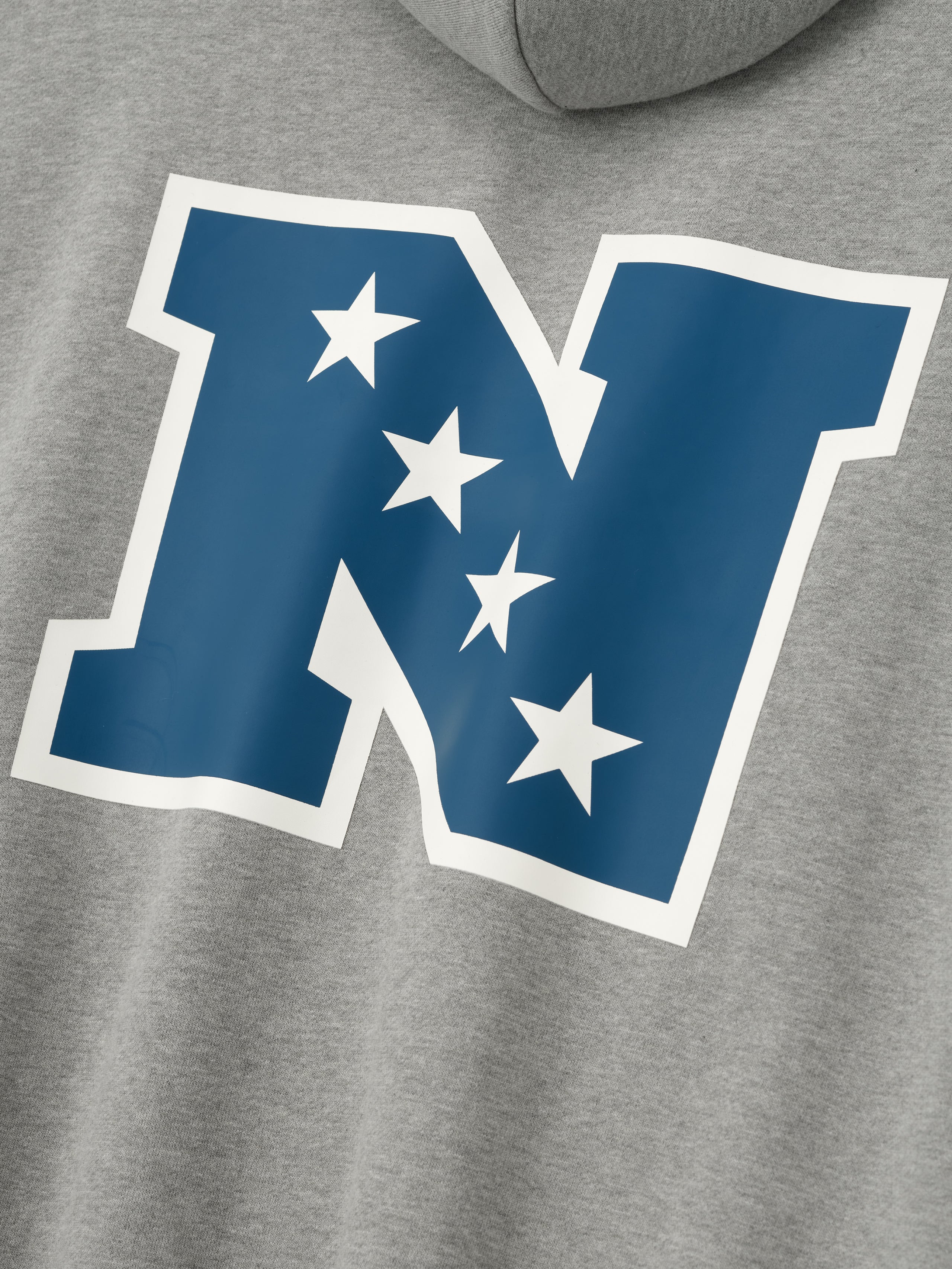 Close-up of concrete heather National Sport Hoodie showing blue N with four white stars on the back panel
