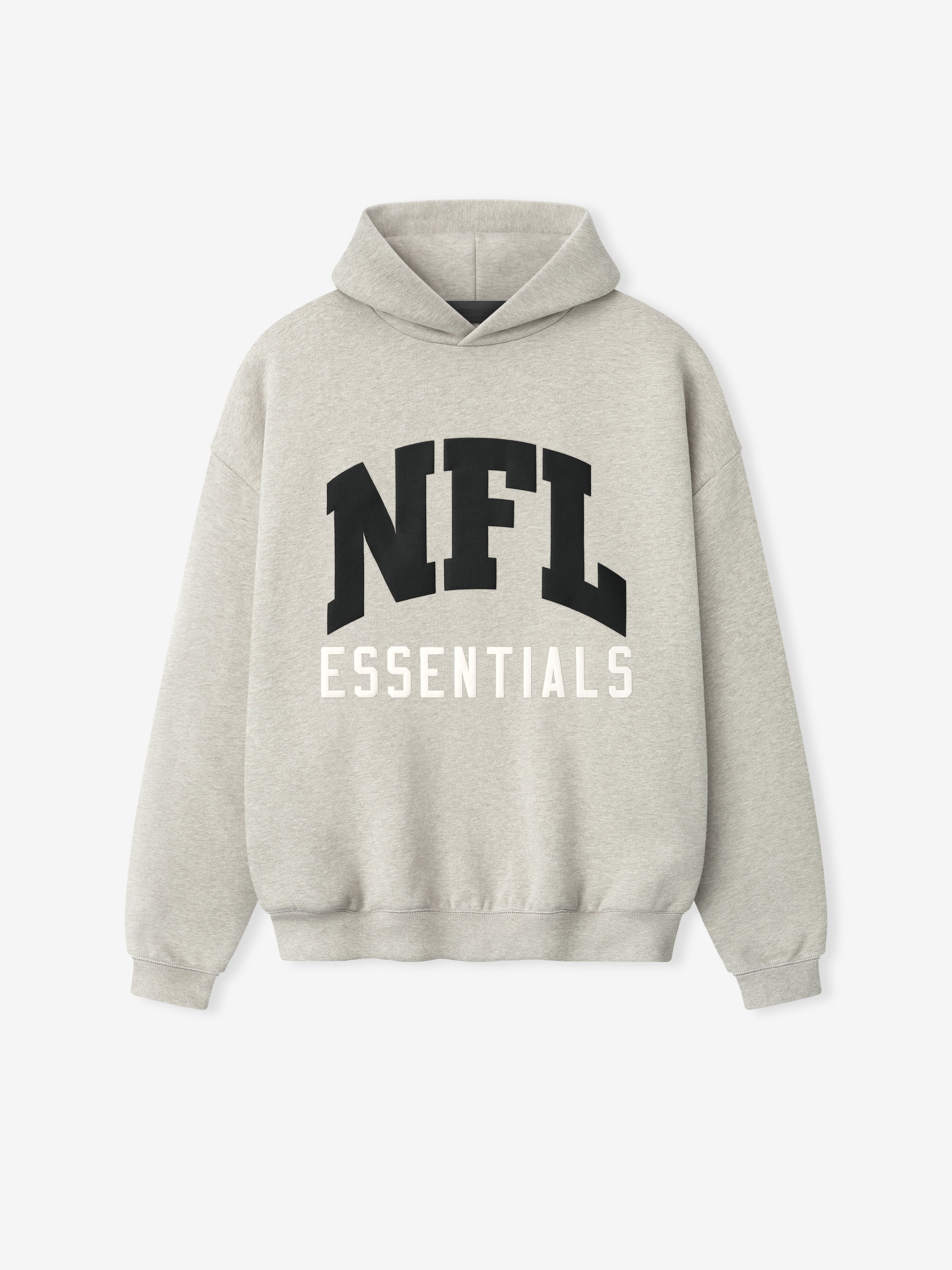 Front view of heather stone NFL Sport Hoodie with bold black NFL letters and white Essentials text, gallery image 0