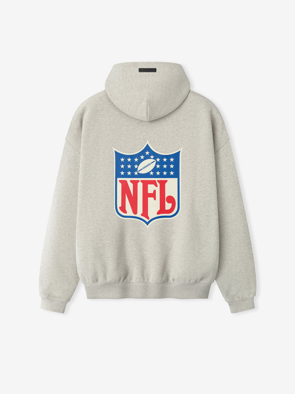 Back view of heather stone NFL Sport Hoodie featuring large vintage style NFL shield in red and blue, gallery image 0