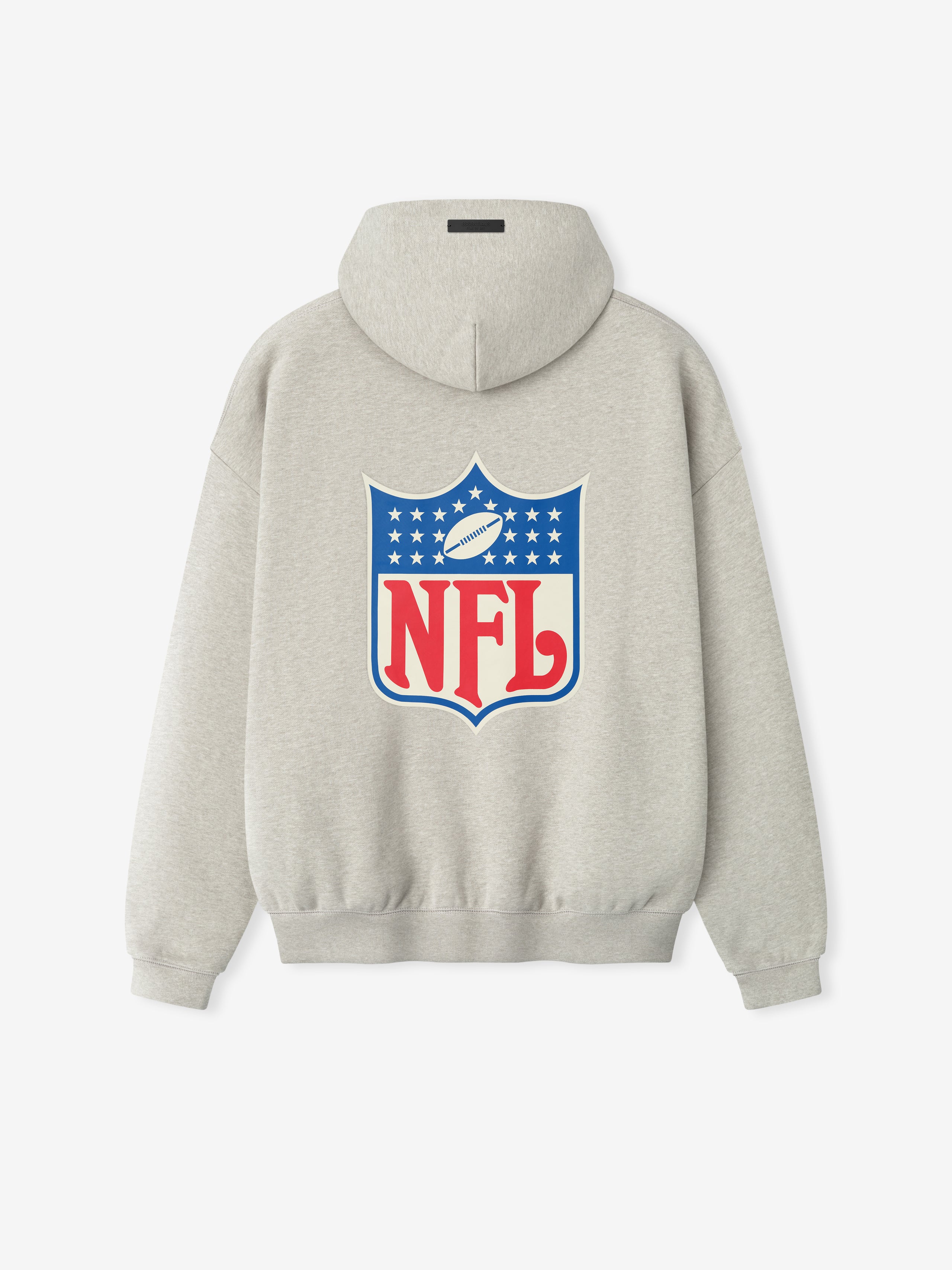 Back view of heather stone NFL Sport Hoodie featuring large vintage style NFL shield in red and blue, gallery image 0