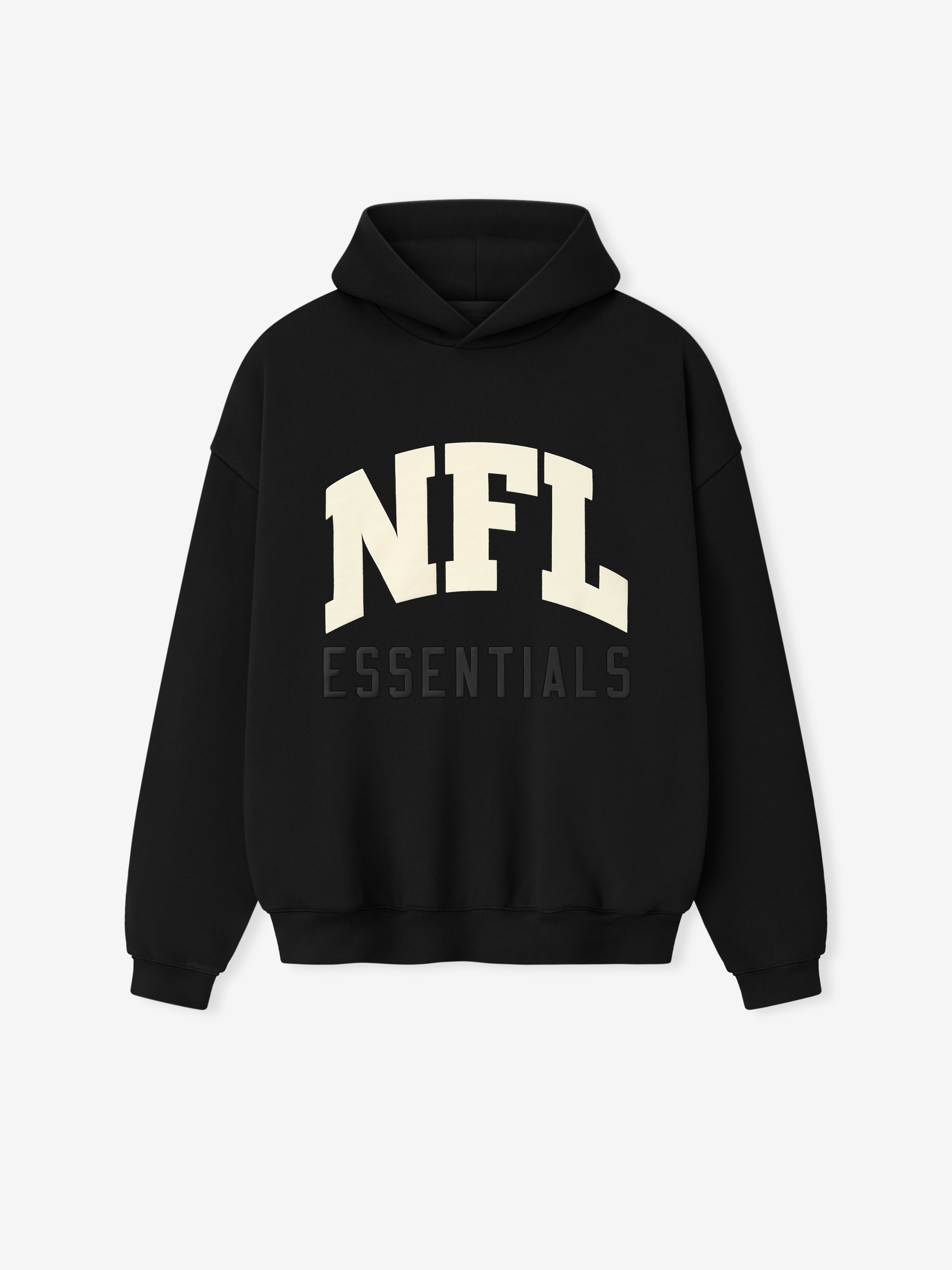 Front view of black NFL Sport Hoodie featuring large cream NFL text and subtle Essentials lettering below the chest area
