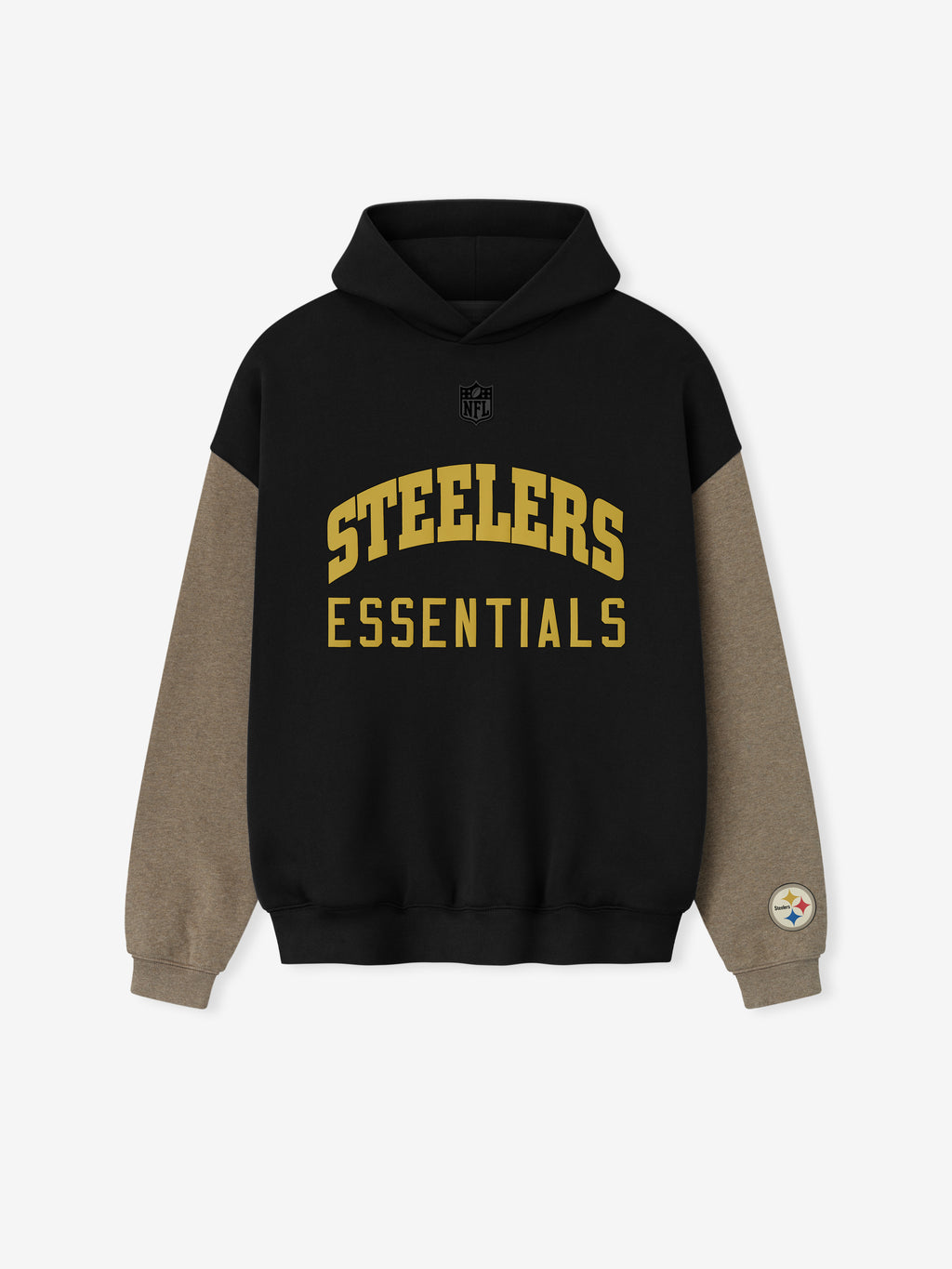 Black Steelers hoodie with contrasting brown sleeves and gold "STEELERS ESSENTIALS" text on front, patch on cuff.