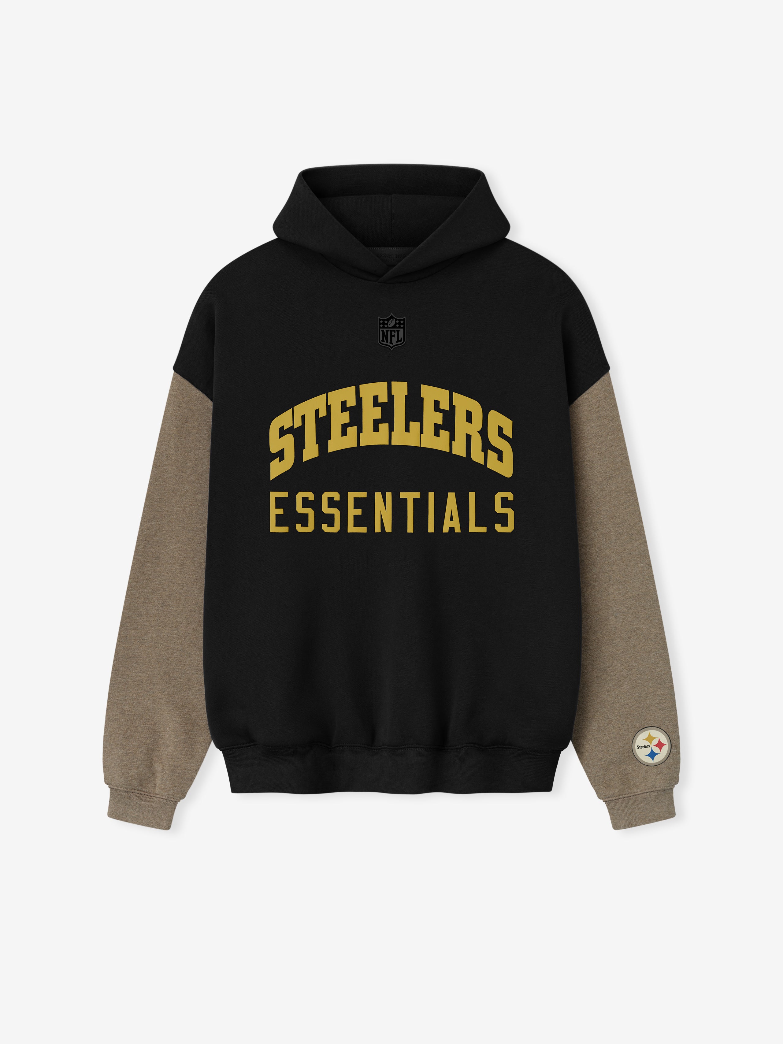 Black Steelers hoodie with contrasting brown sleeves and gold "STEELERS ESSENTIALS" text on front, patch on cuff.