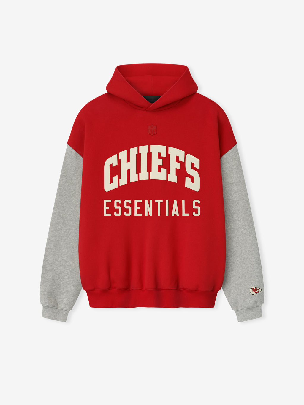 Front view of red Chiefs Sport Hoodie with grey sleeves and large cream Chiefs Essentials text on chest