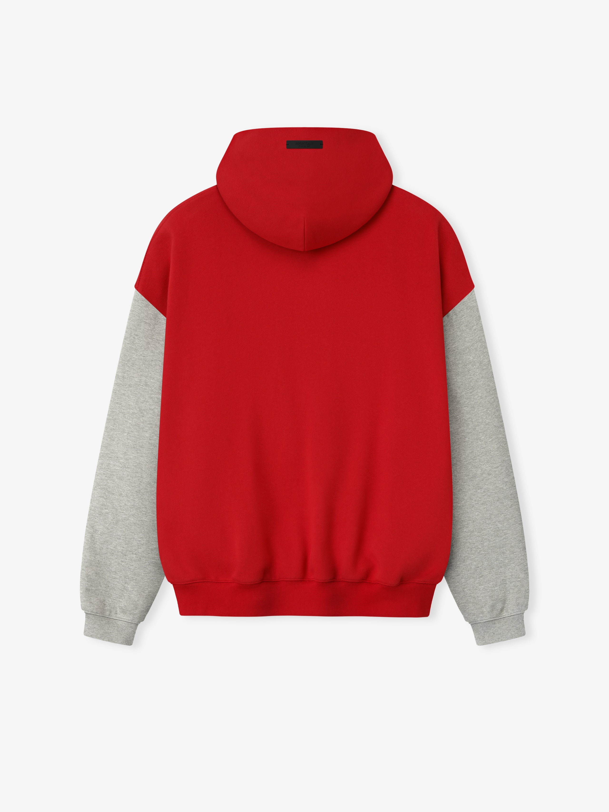Back view of Chiefs Sport Hoodie with solid red body and contrasting concrete heather grey sleeves and ribbed hem and cuffs