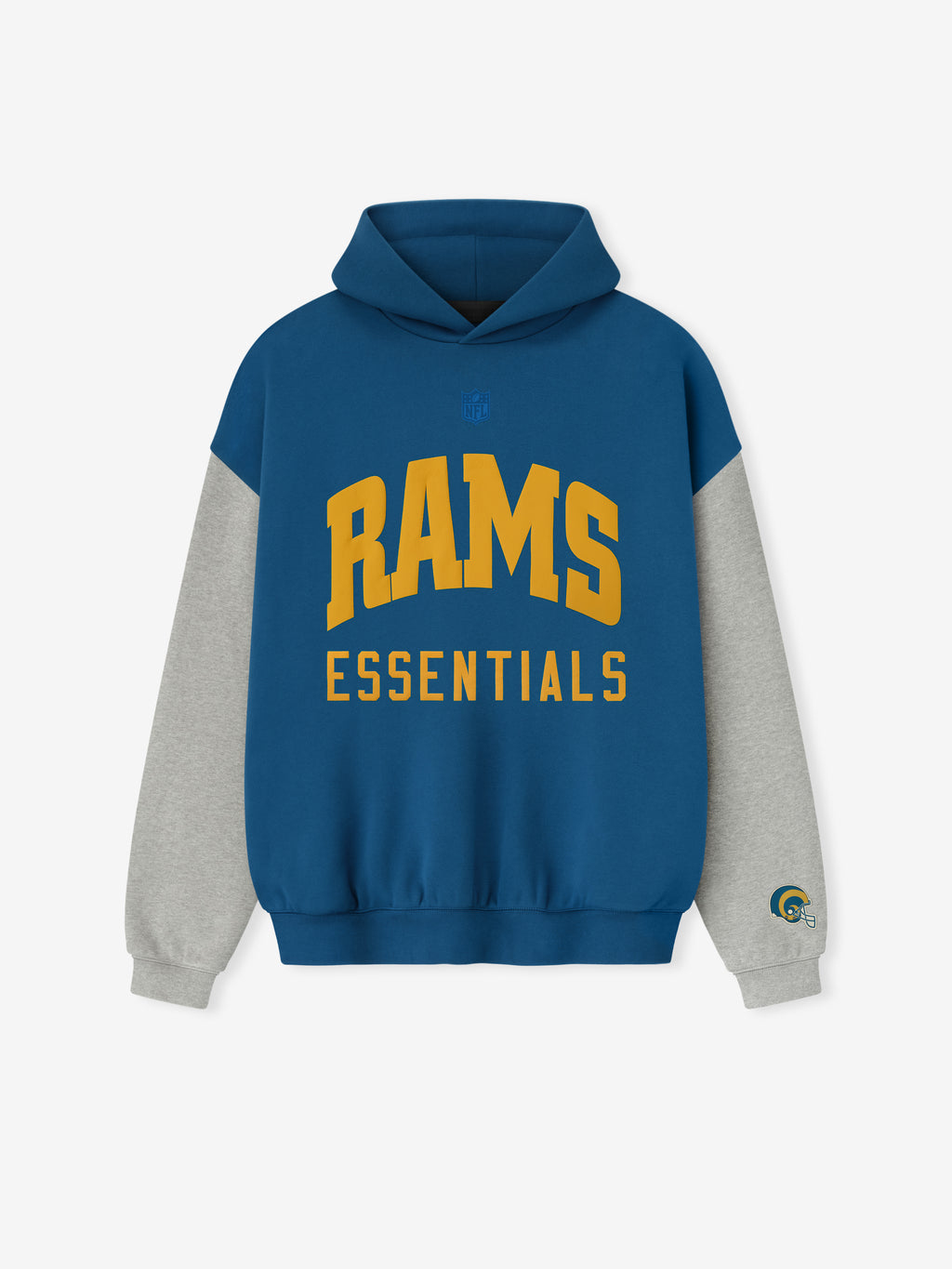 Front view of blue sapphire Rams hoodie with concrete heather sleeves and gold Rams Essentials text on chest