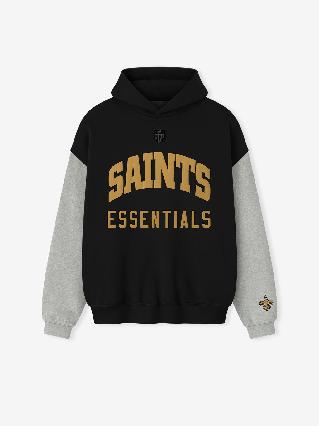 Front view of Saints Sport Hoodie in black with concrete heather grey sleeves and gold Saints Essentials text on chest