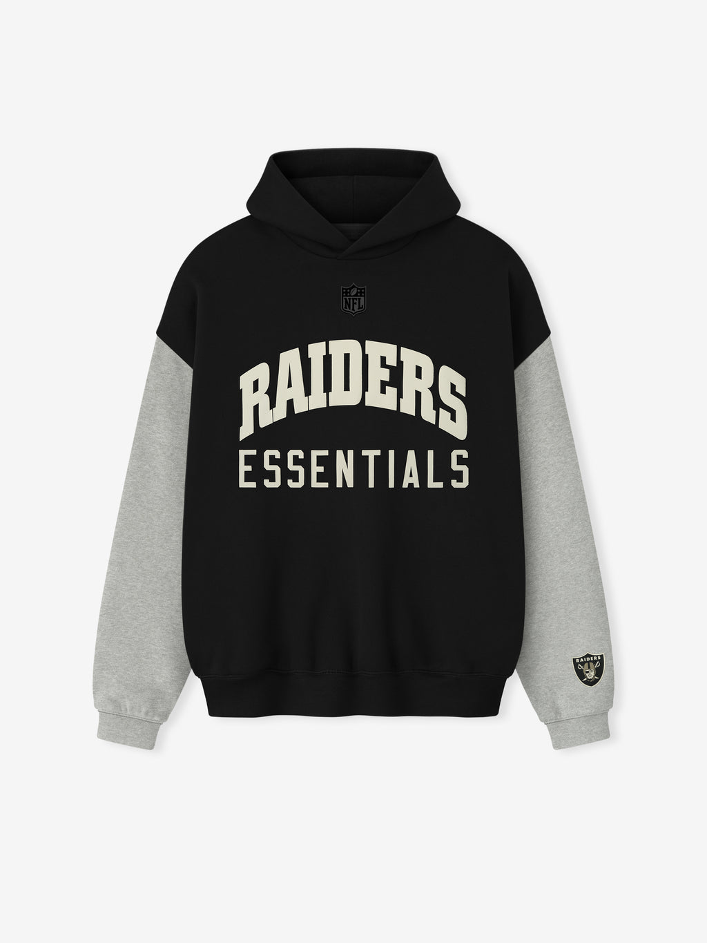 Front view of Raiders Sport Hoodie in black with concrete heather sleeves and Raiders Essentials text on chest