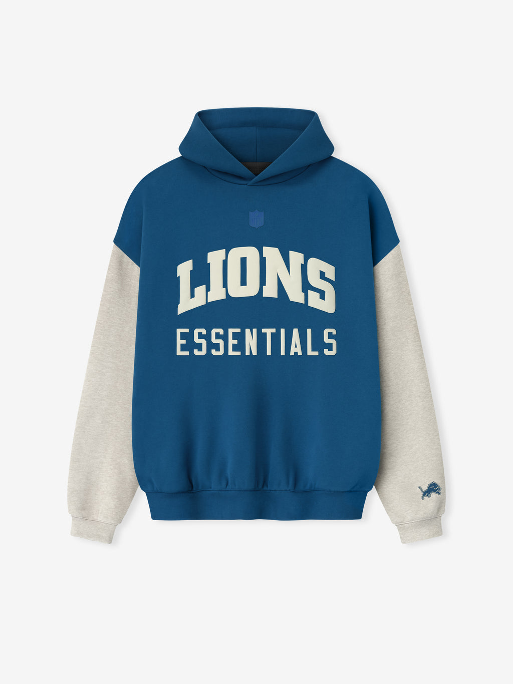 Front view of Lions Sport Hoodie in blue sapphire with contrasting heather stone sleeves and small Lions logo on cuff