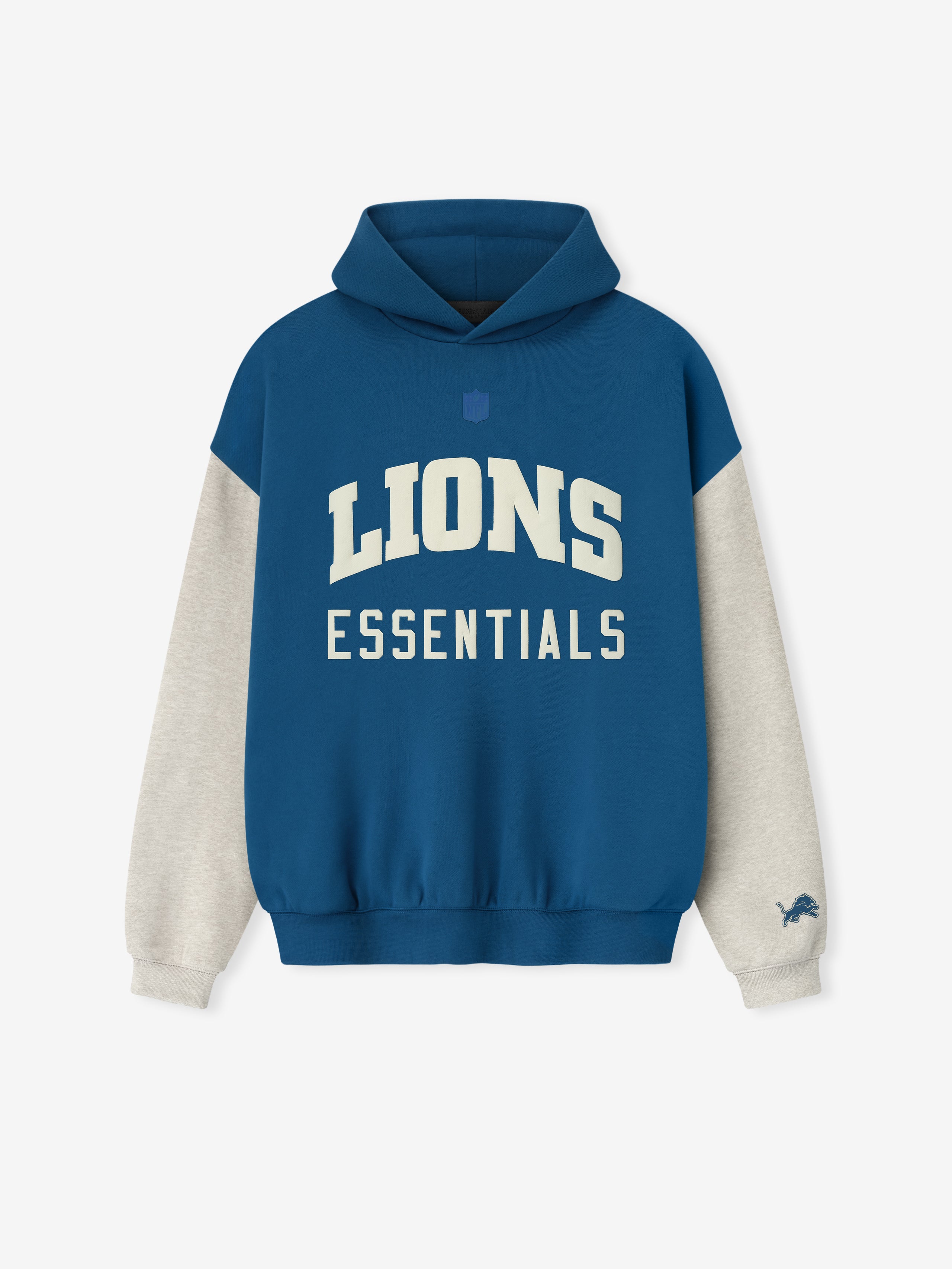 Front view of Lions Sport Hoodie in blue sapphire with contrasting heather stone sleeves and small Lions logo on cuff