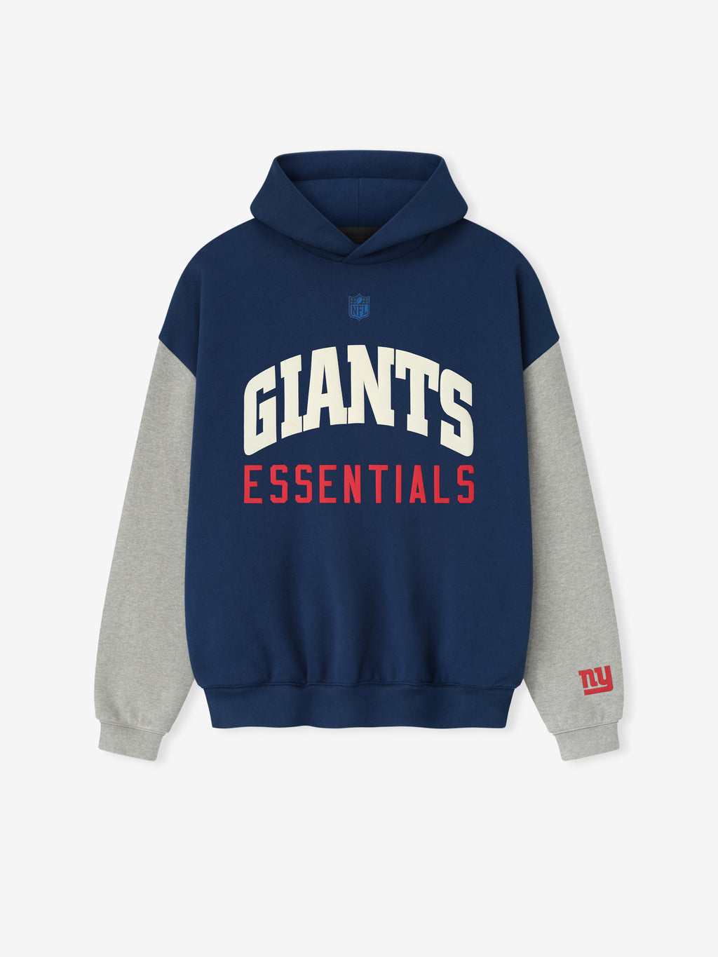 Front view of Giants Sport Hoodie in blue estate with concrete heather sleeves and red NY logo on cuff