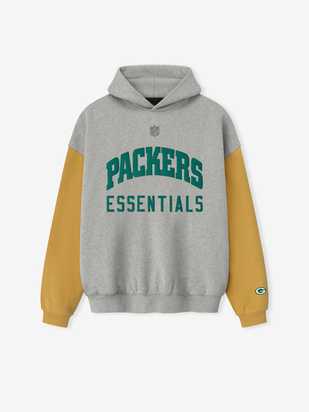 Front view of Packers Sport Hoodie in concrete heather with canyon sleeves and green Packers Essentials text on chest