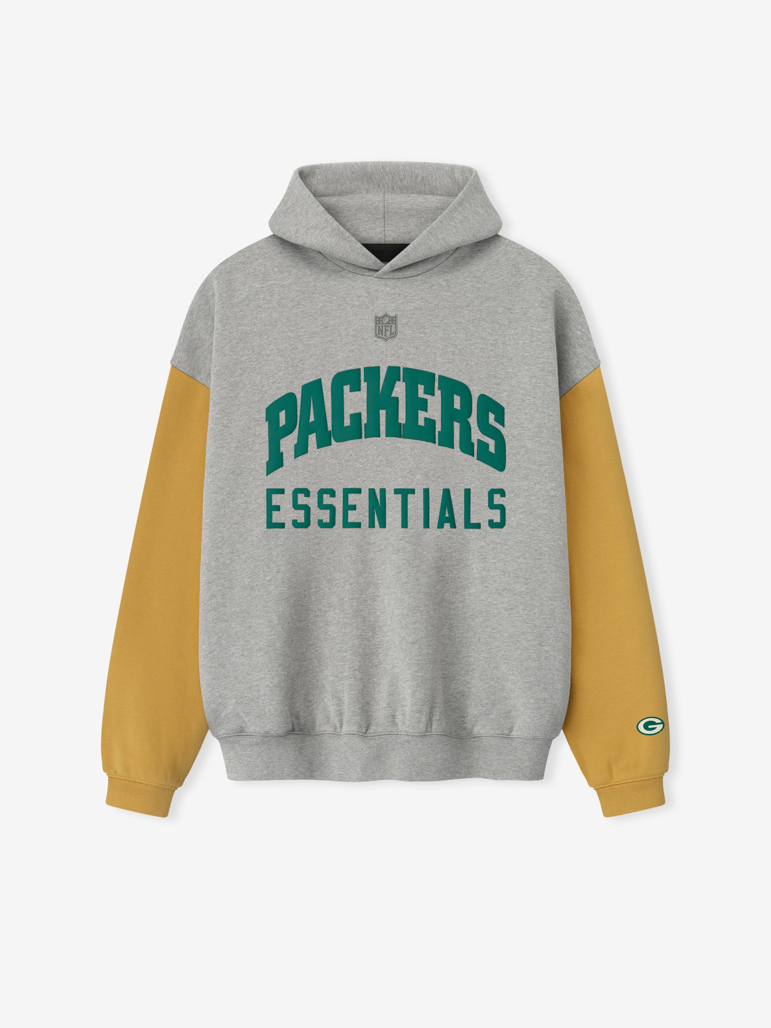 Front view of Packers Sport Hoodie in concrete heather with canyon sleeves and green Packers Essentials text on chest