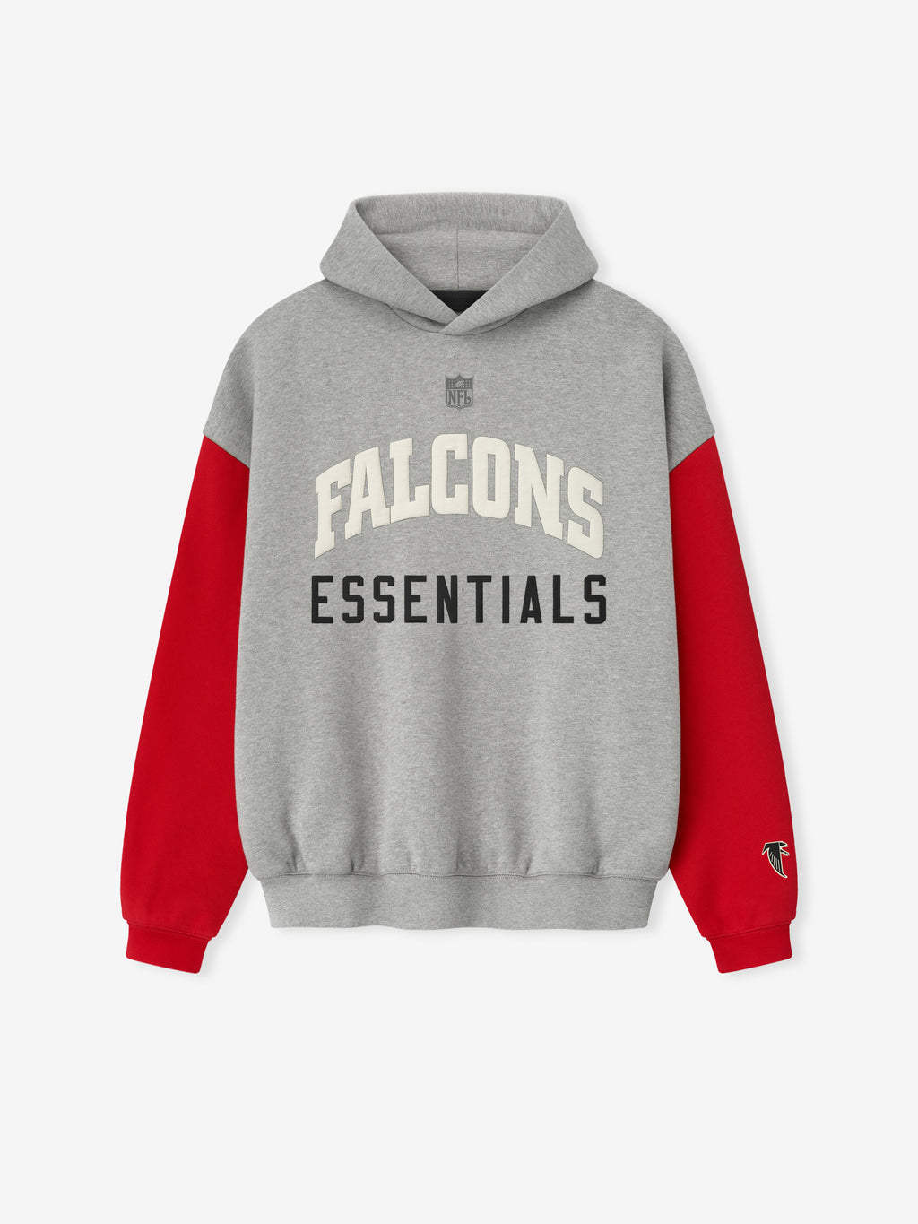 Front view of Falcons Sport Hoodie in concrete heather with bright red sleeves and team logo patch on cuff on white background