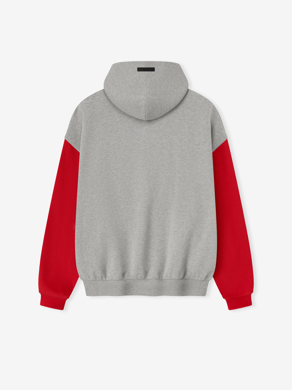 Back view of Falcons Sport Hoodie in concrete heather with bold red sleeves and fitted waistband on white background
